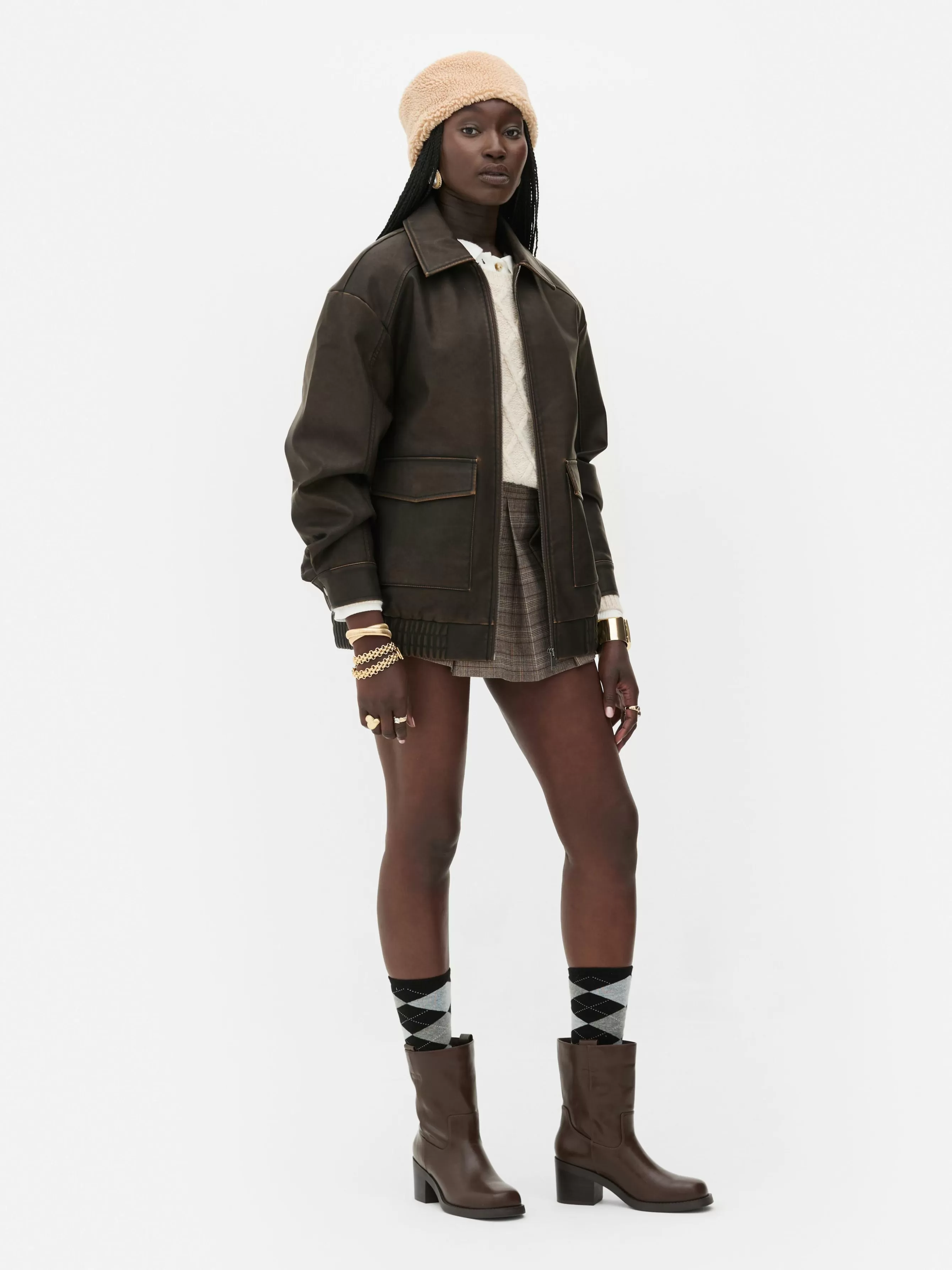 Fashion Primark Blouson Bomber En Simili Cuir à Effet Vieilli Rita Ora Marron