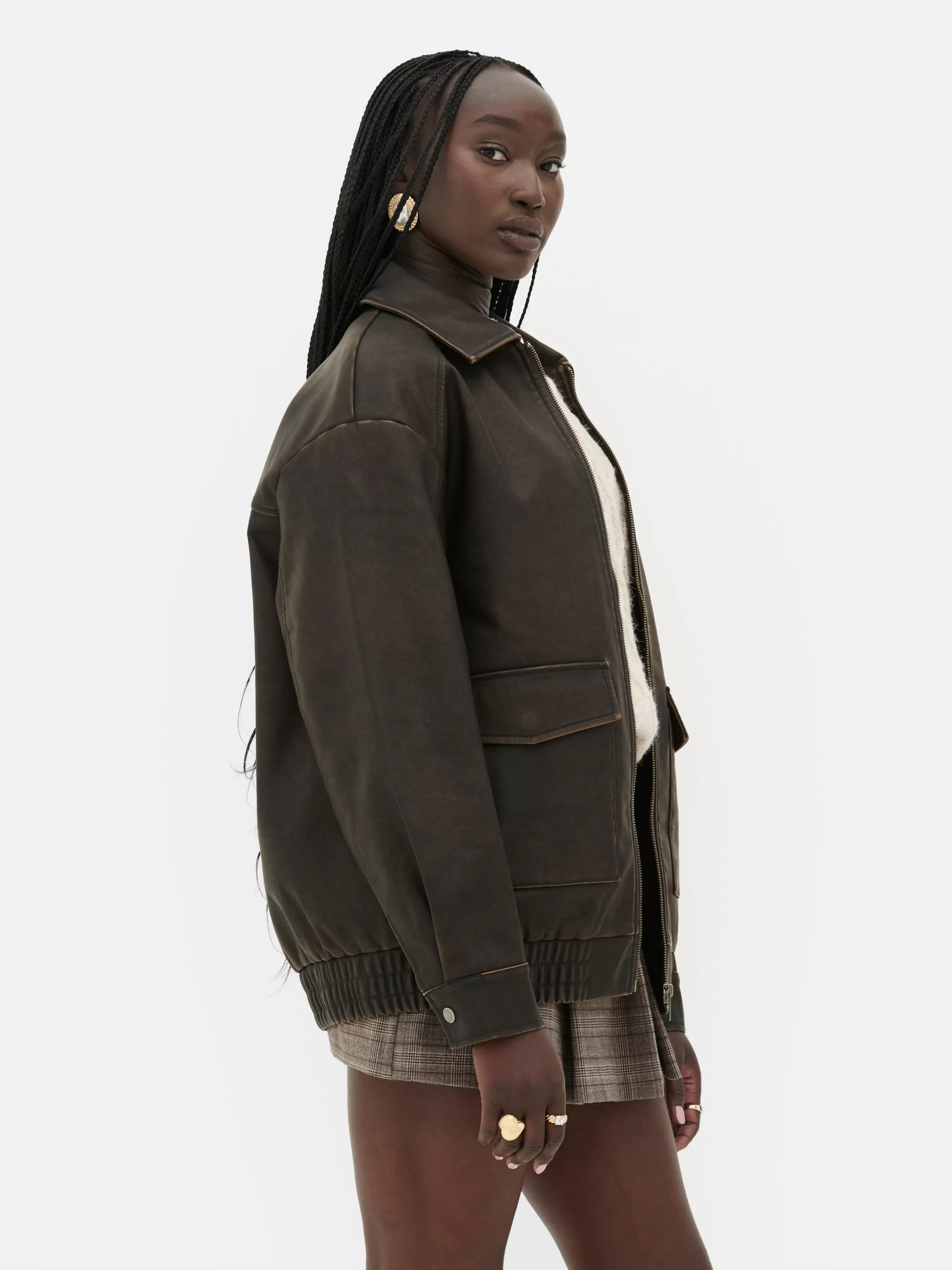 Fashion Primark Blouson Bomber En Simili Cuir à Effet Vieilli Rita Ora Marron