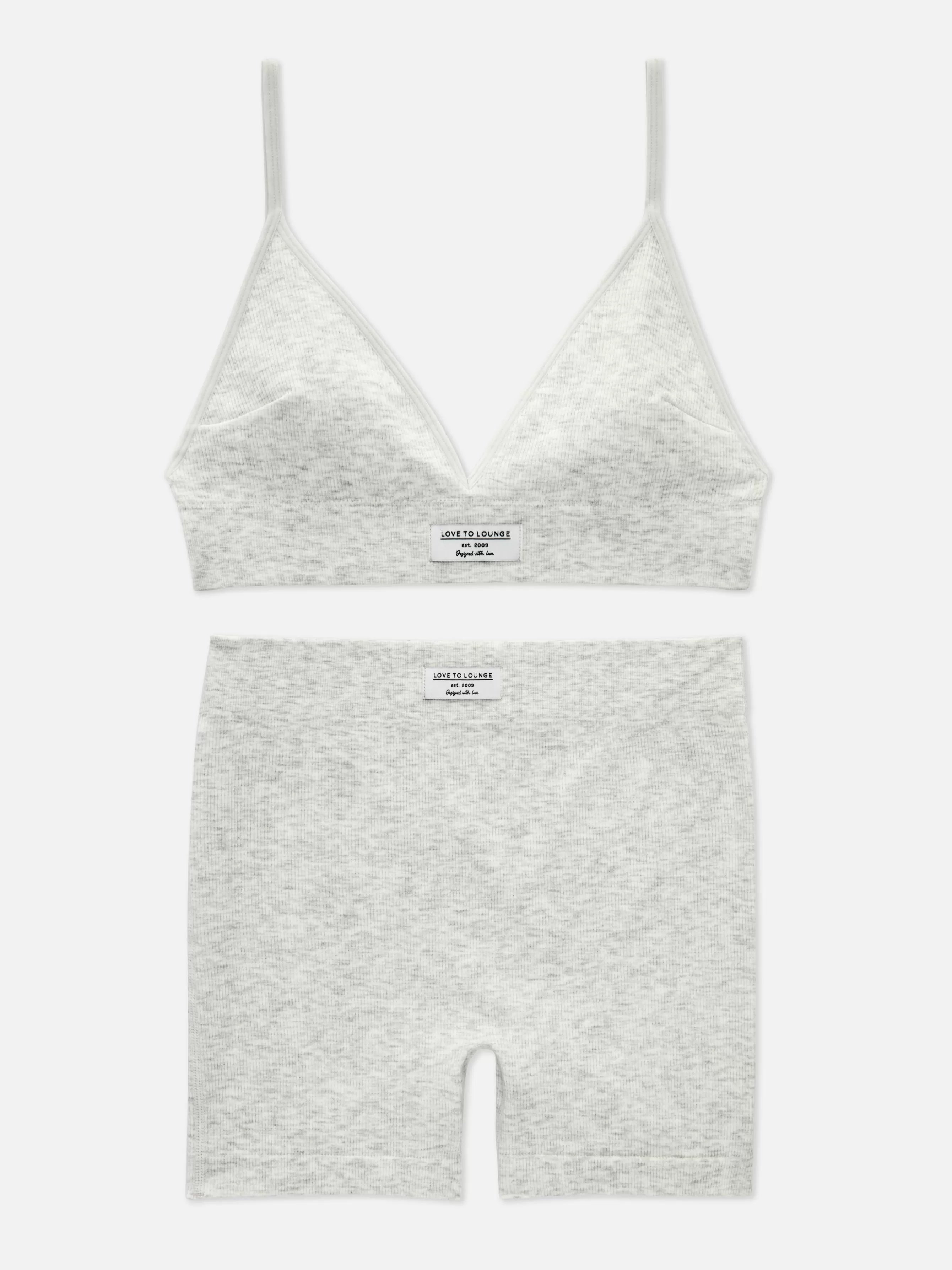 New Primark Ensemble Détente Short Et Brassière à Bretelles Côtelés Gris chiné