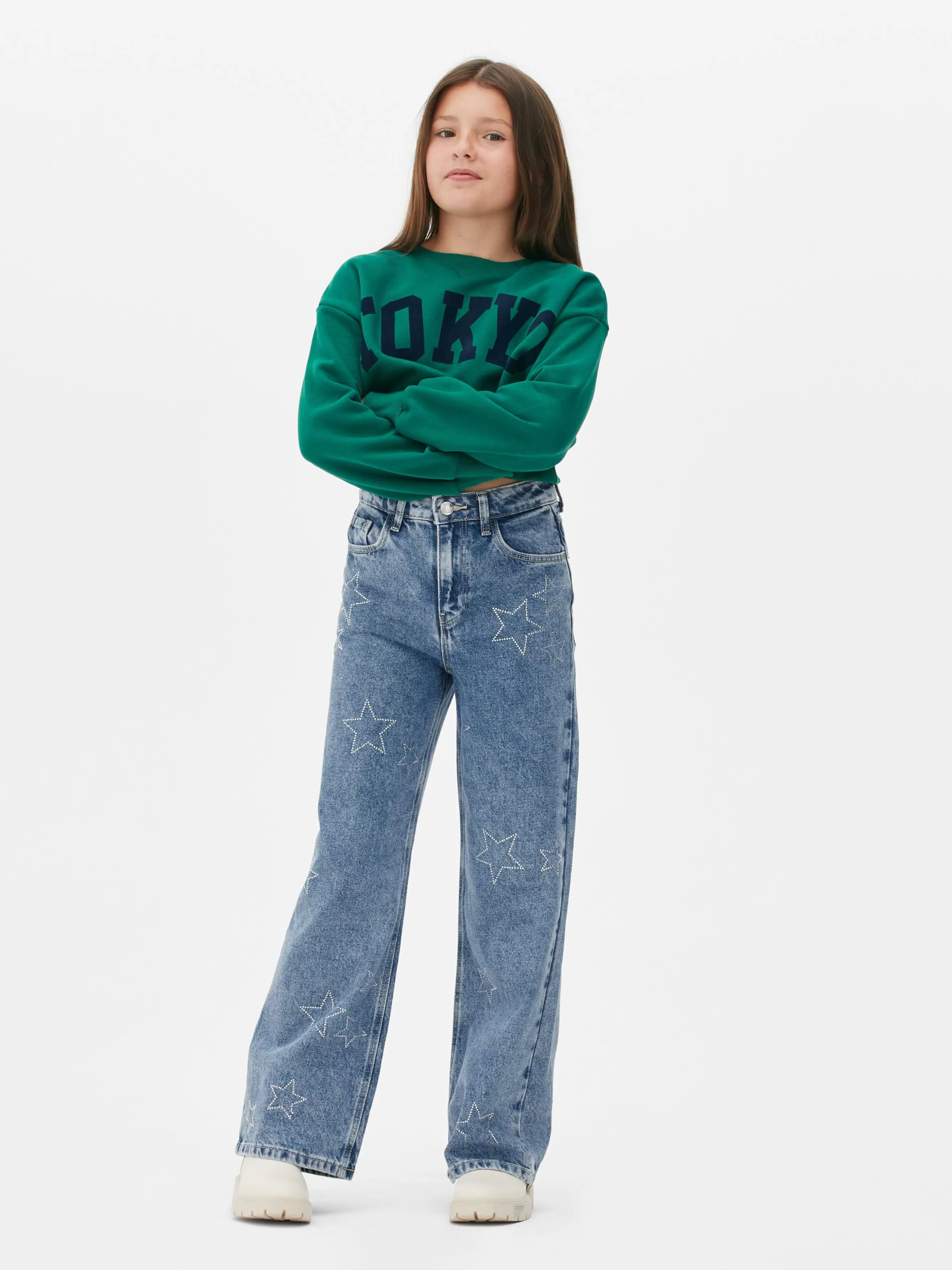 Shop Primark Jean Denim Large Avec Motif étoile à Strass Bleu