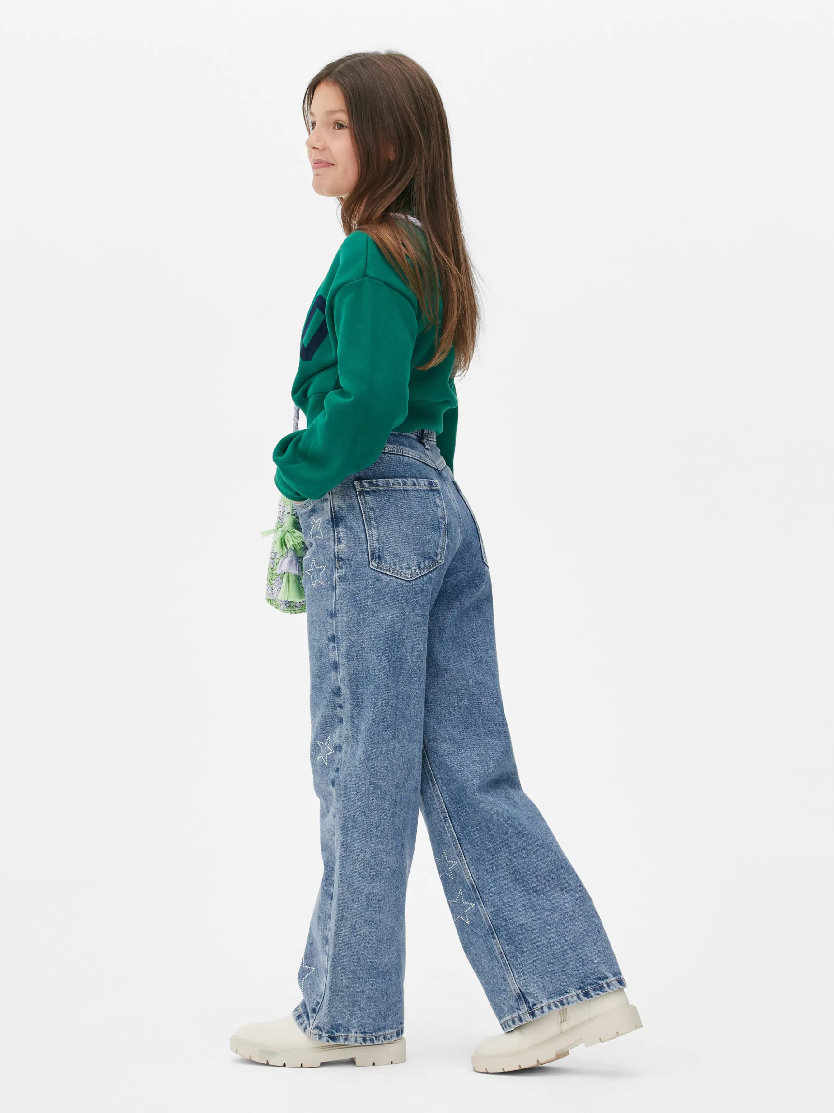 Shop Primark Jean Denim Large Avec Motif étoile à Strass Bleu