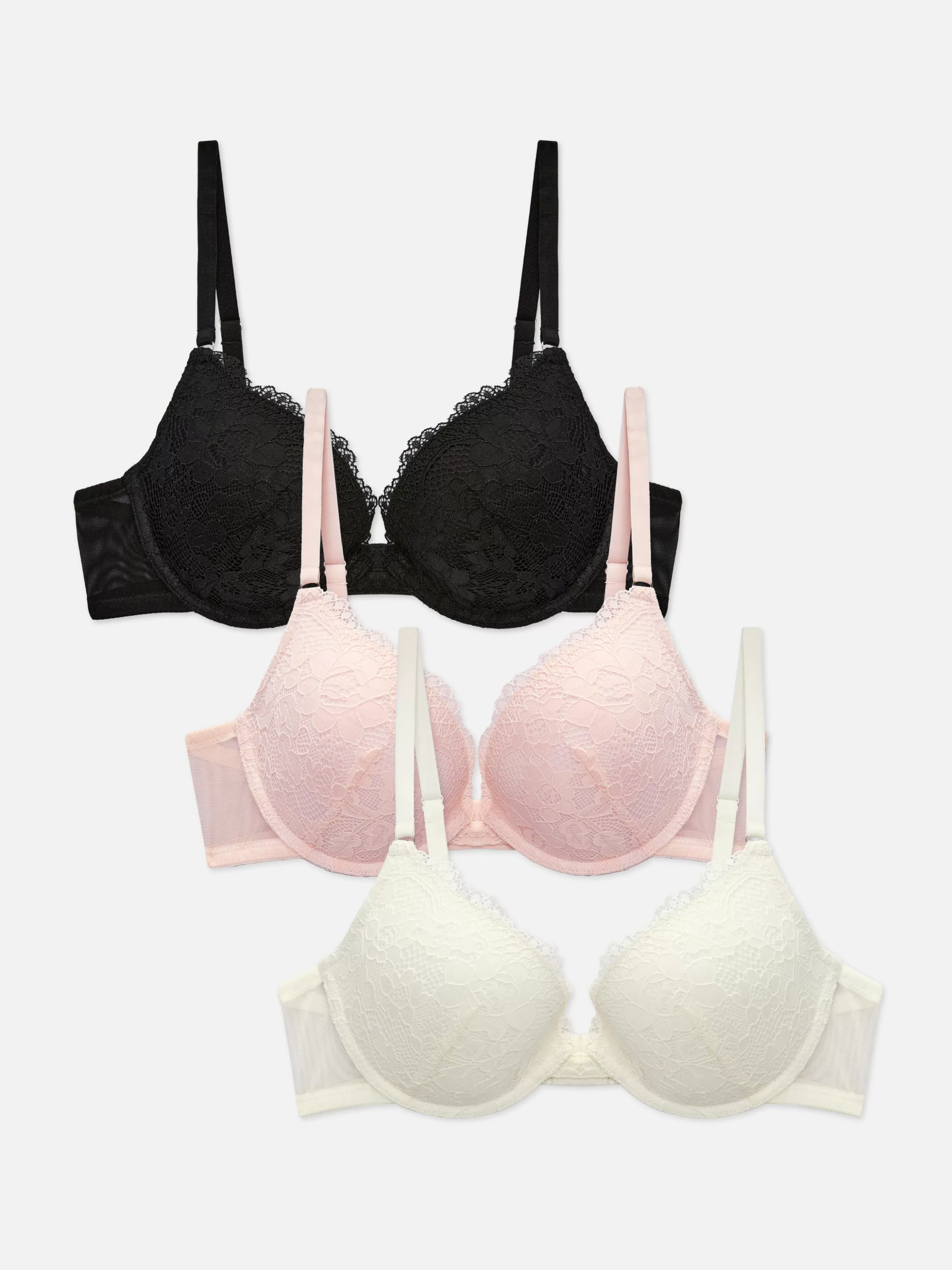 New Primark Lot De 3 Soutiens-gorge Push-up Plongeants En Dentelle Noir