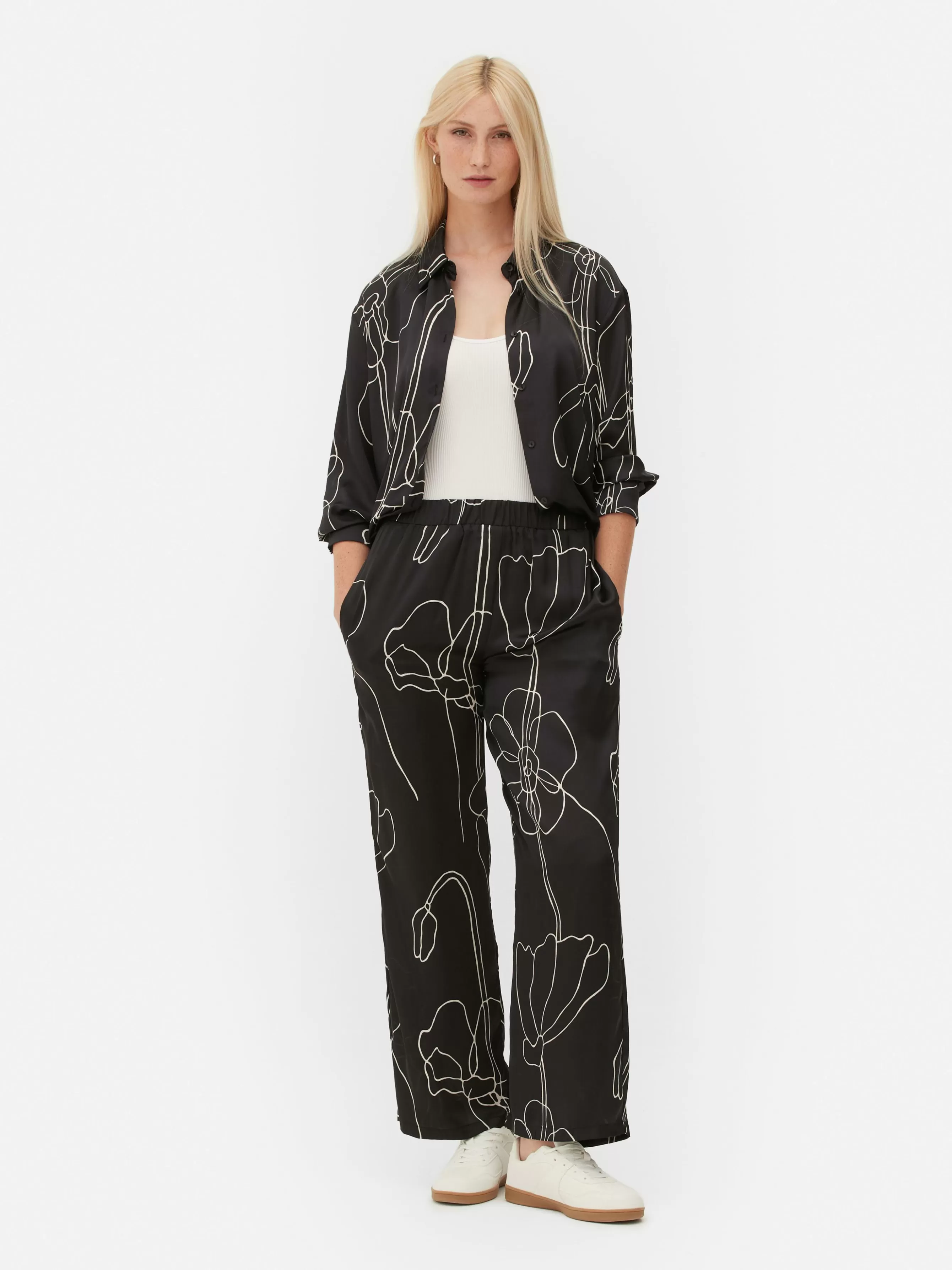 Flash Sale Primark Pantalon à Fleurs En Satin à Coordonner Noir/Blanc