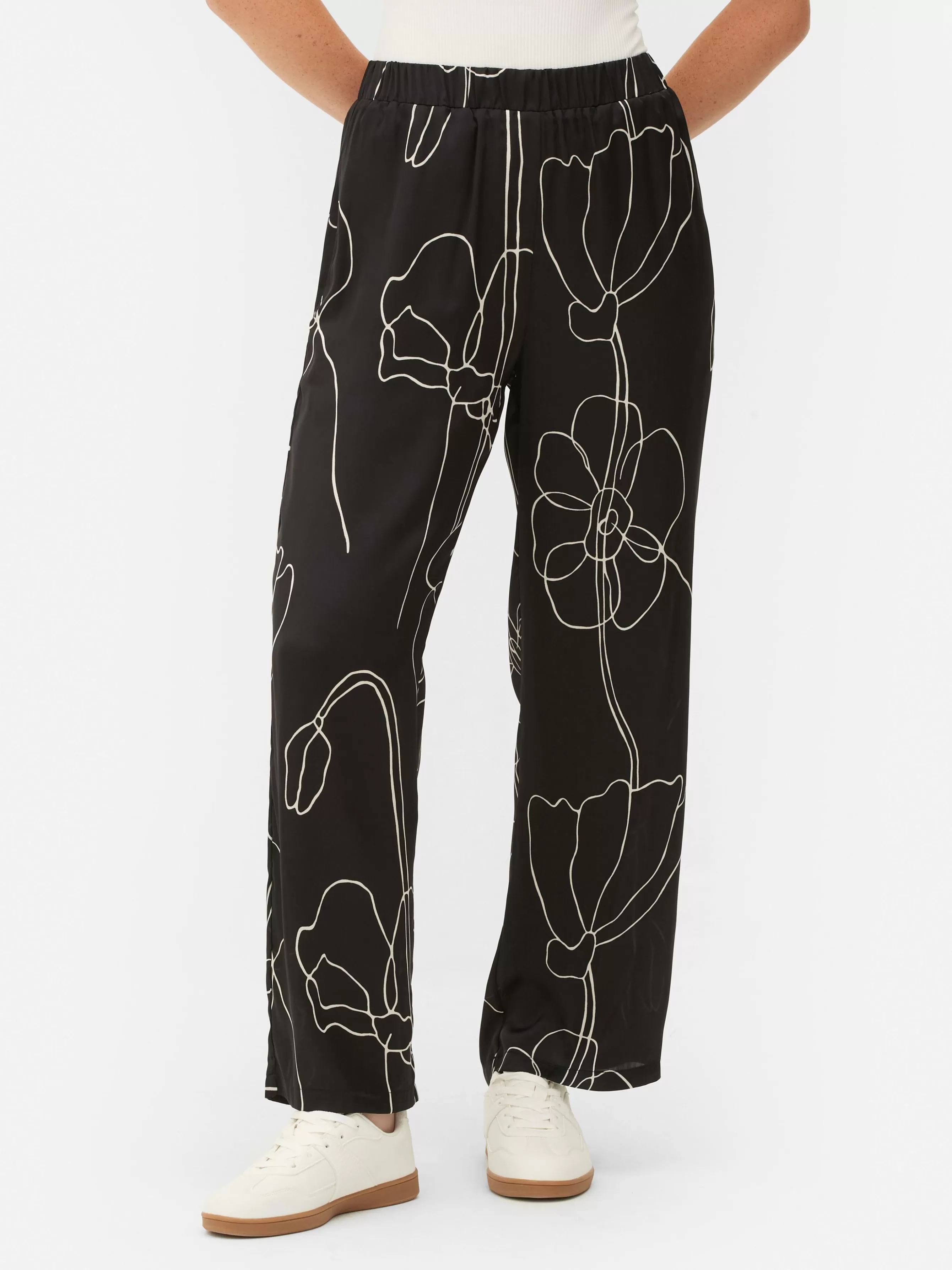 Flash Sale Primark Pantalon à Fleurs En Satin à Coordonner Noir/Blanc