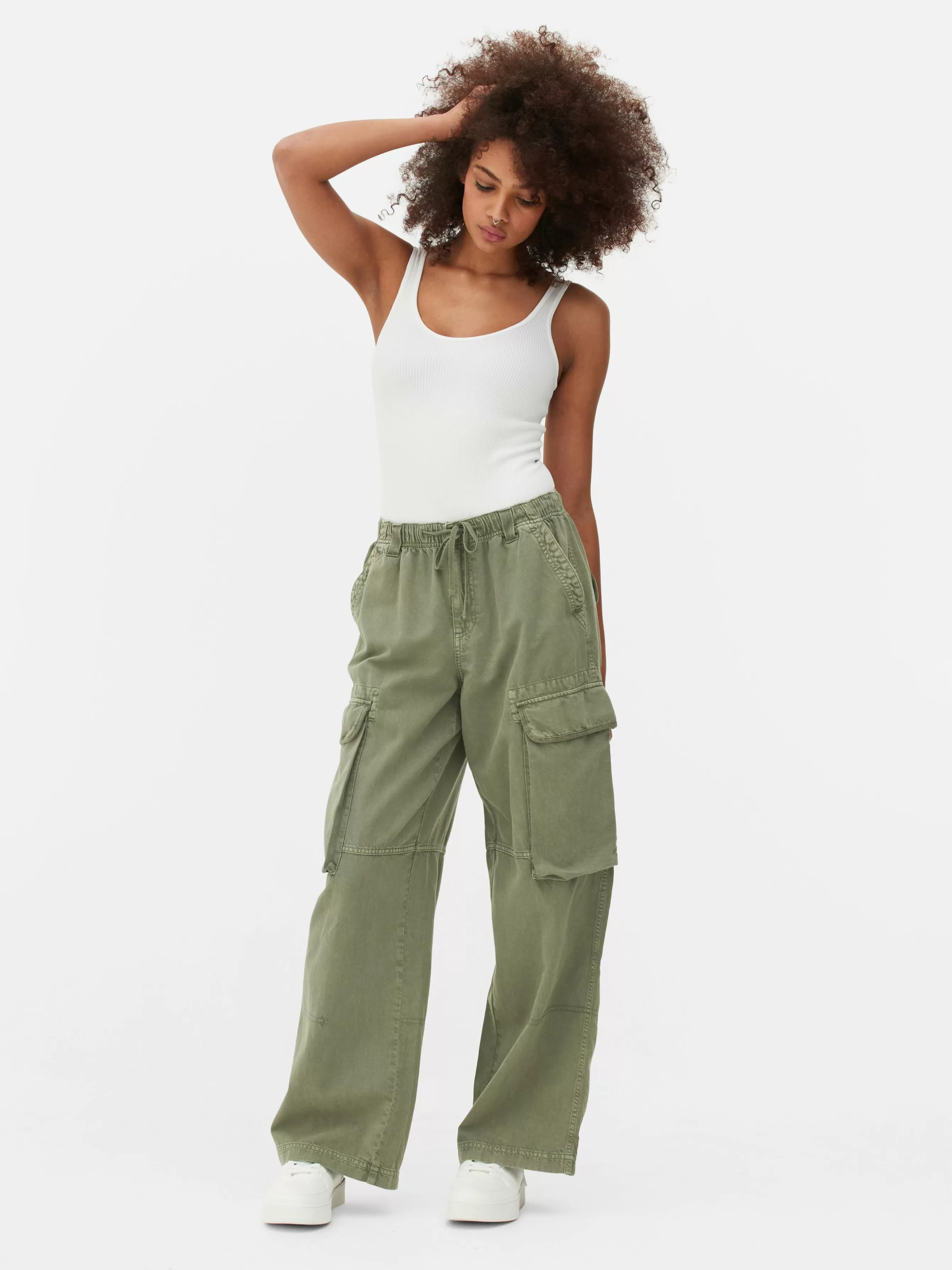 Fashion Primark Pantalon Cargo à Nouer à La Taille Kaki