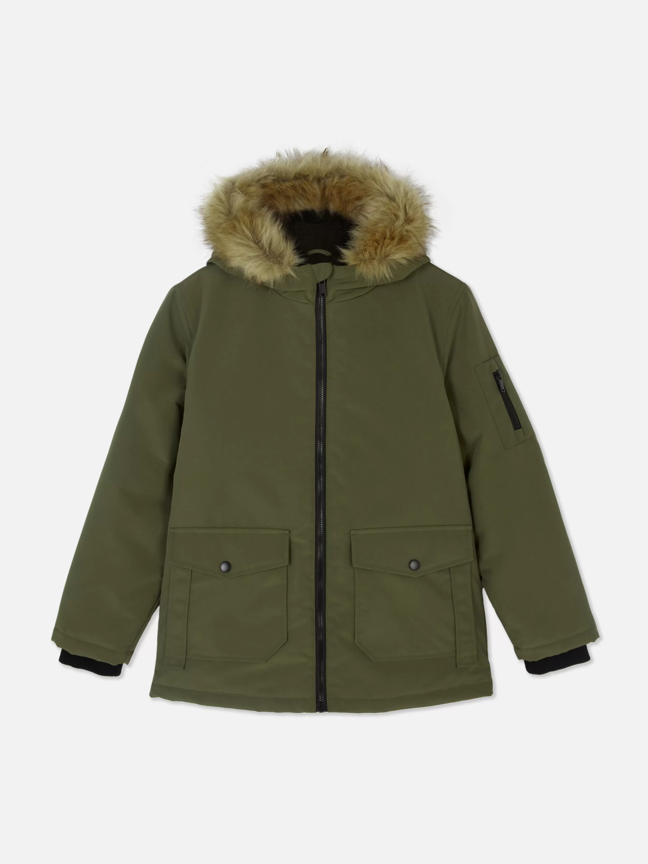 New Primark Parka à Capuche En Fausse Fourrure Kaki