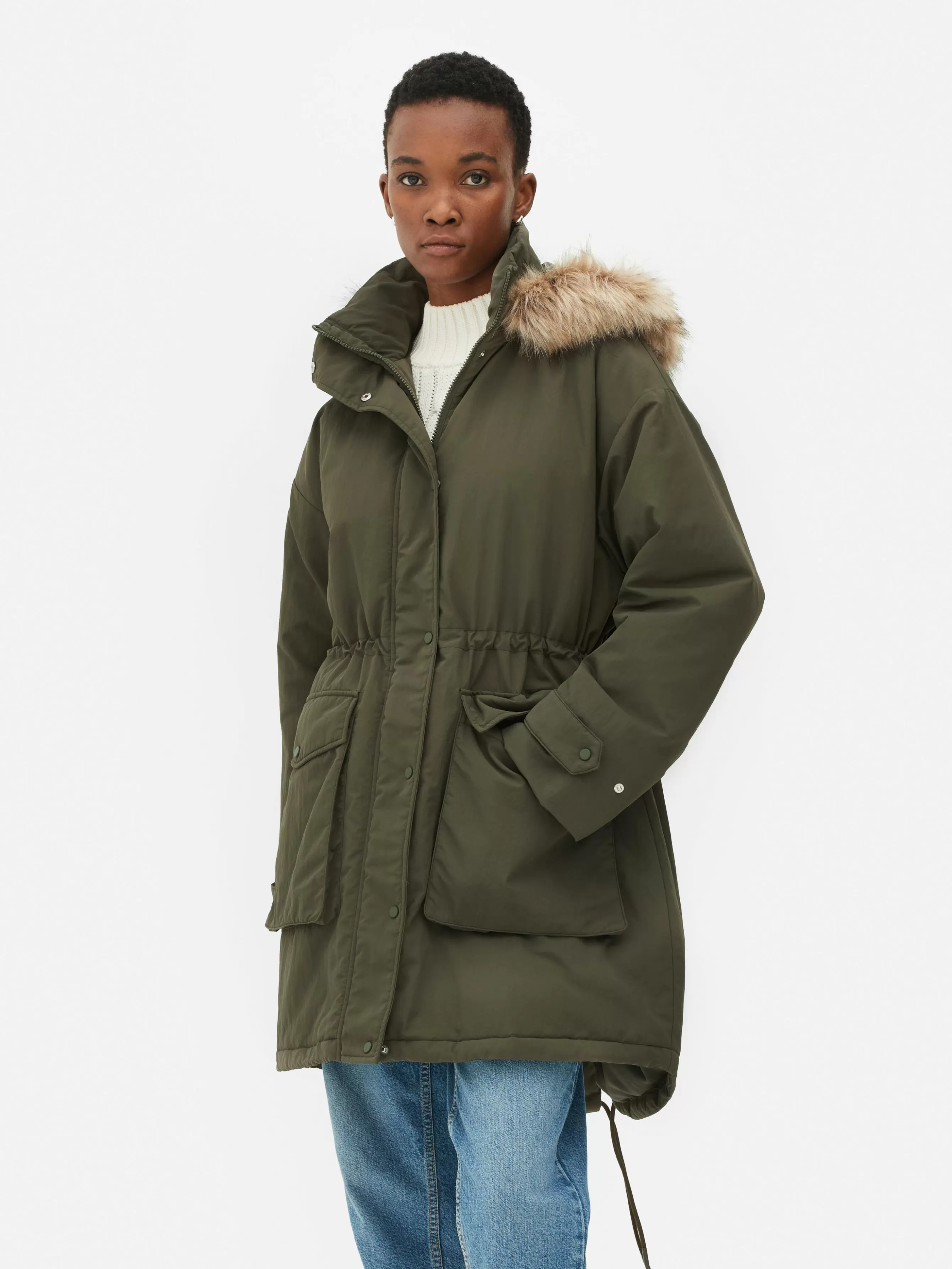 Best Sale Primark Parka à Capuche En Fausse Fourrure Kaki