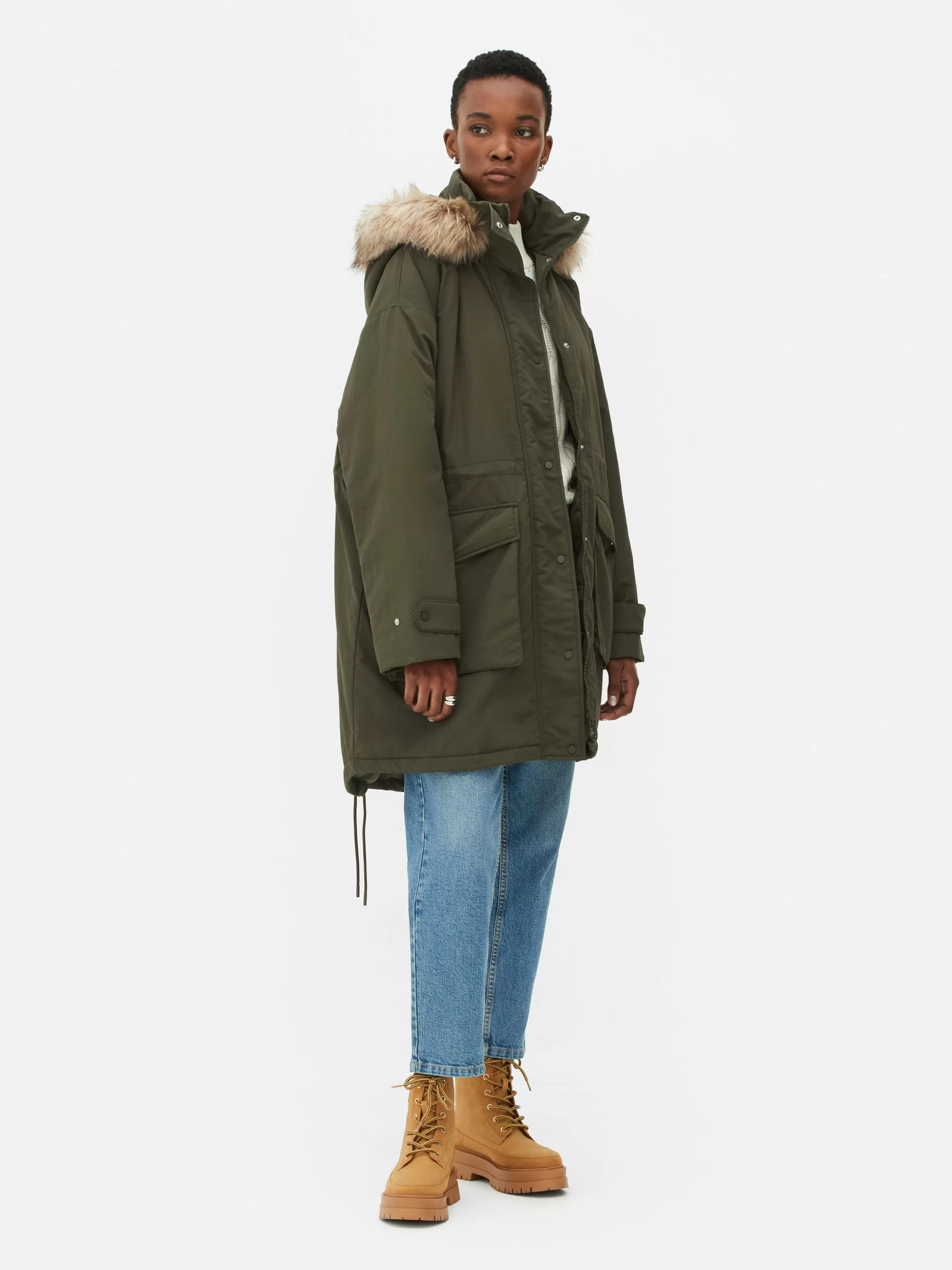 Best Sale Primark Parka à Capuche En Fausse Fourrure Kaki