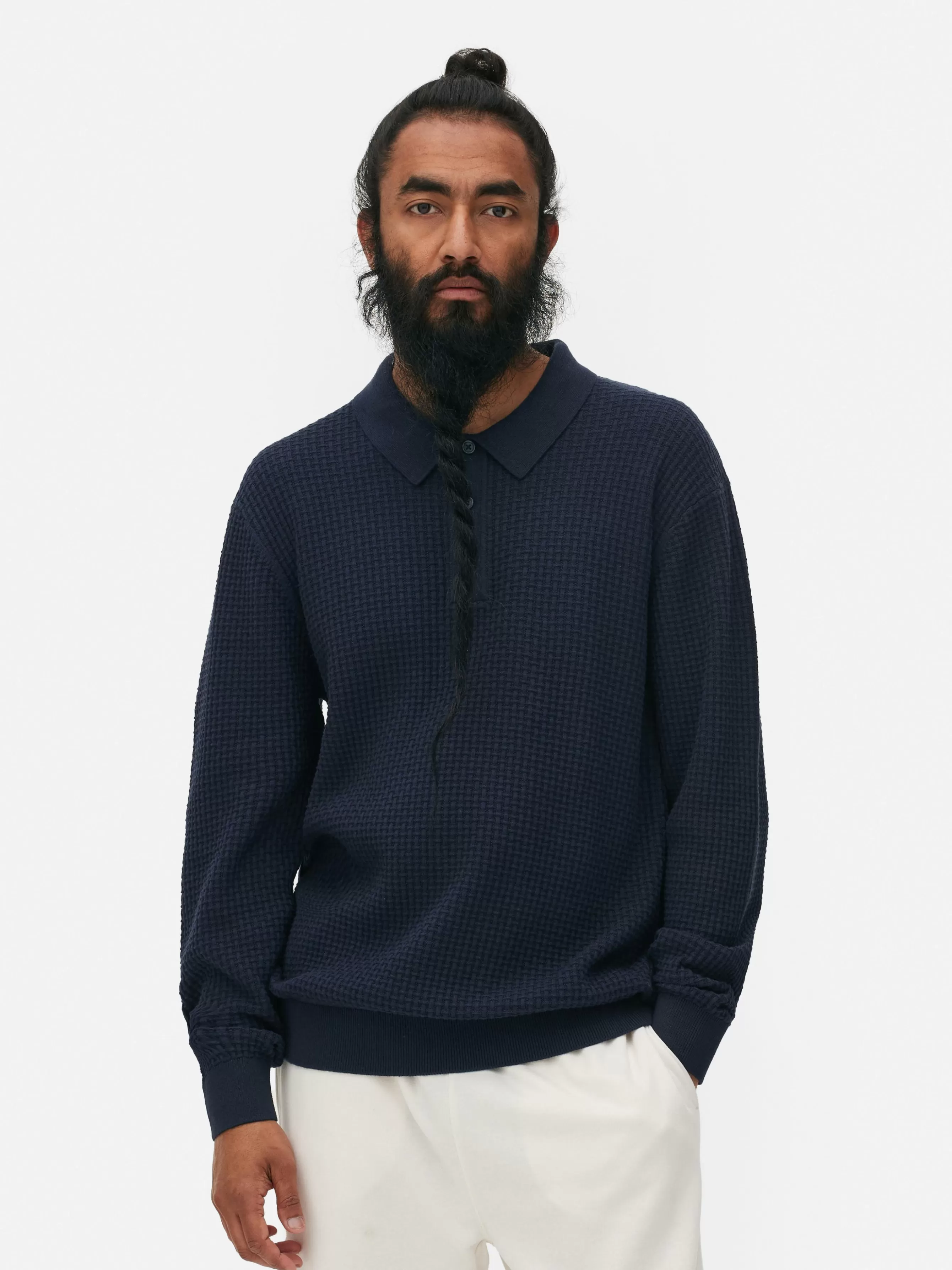 Cheap Primark Polo Texturé à Manches Longues Bleu marine