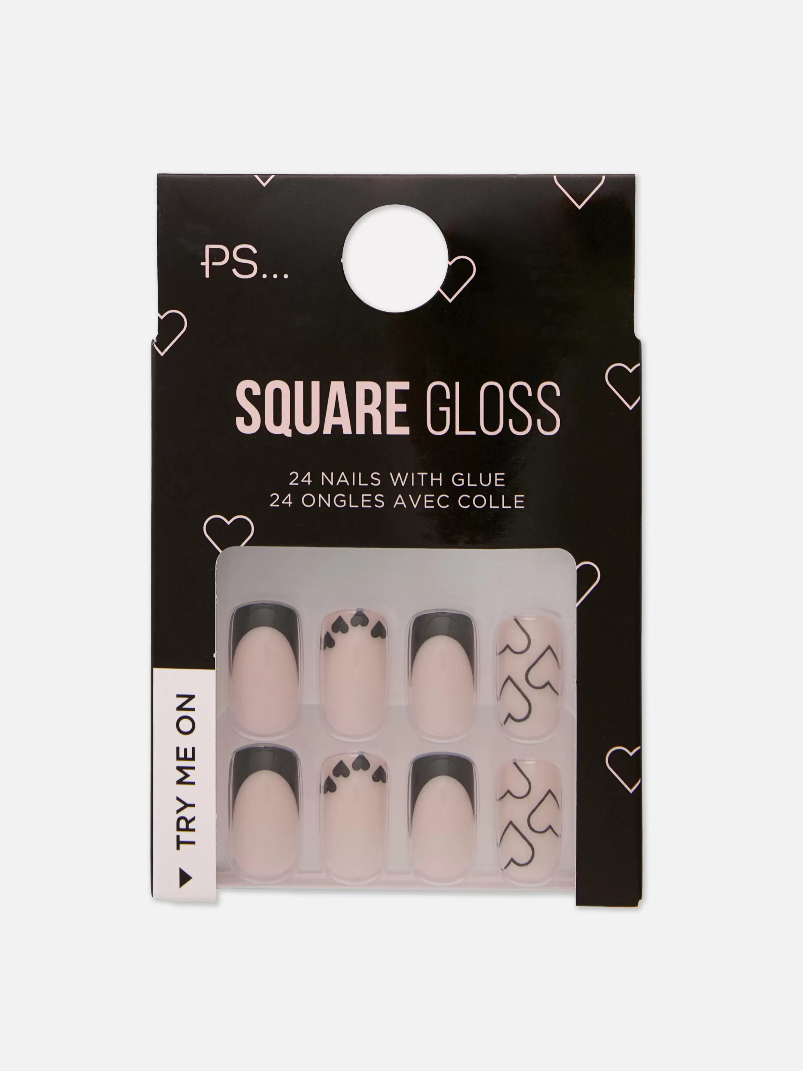 Sale Primark PS... Faux Ongles Carrés Brillants Avec Cœurs Noir