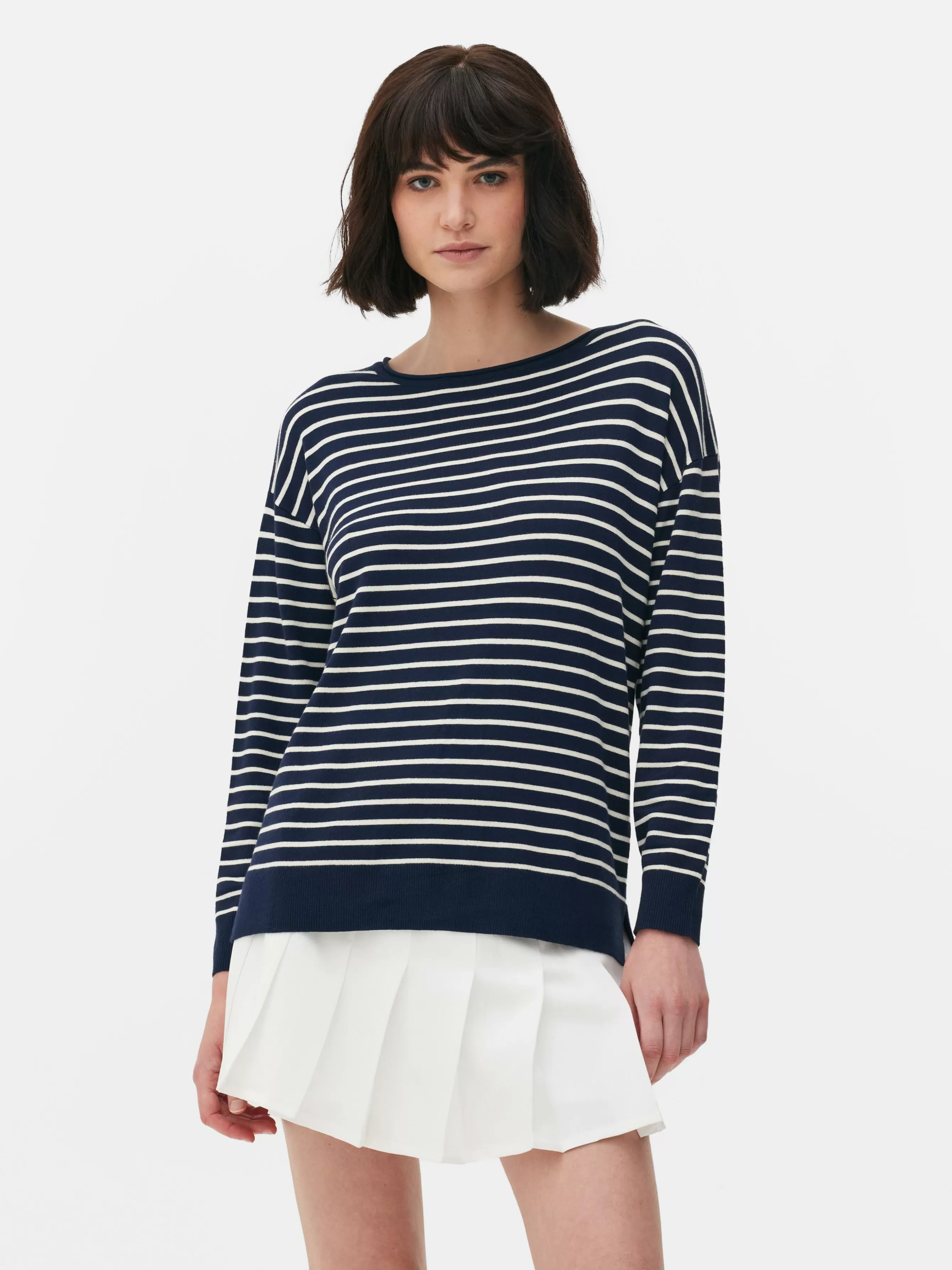 Discount Primark Pull Col Bateau à Rayures En Maille Fine Bleu marine