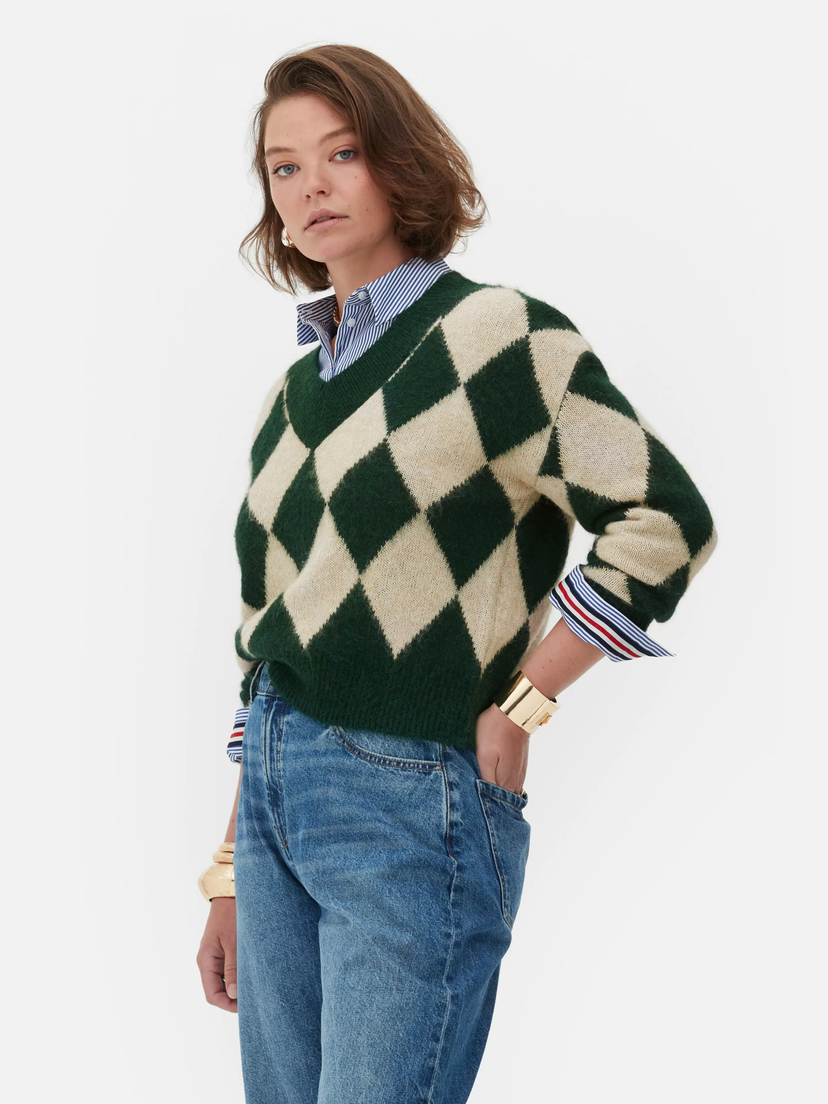Discount Primark Pull En Maille à Col En V Et Motif Losanges Rita Ora Vert foncé