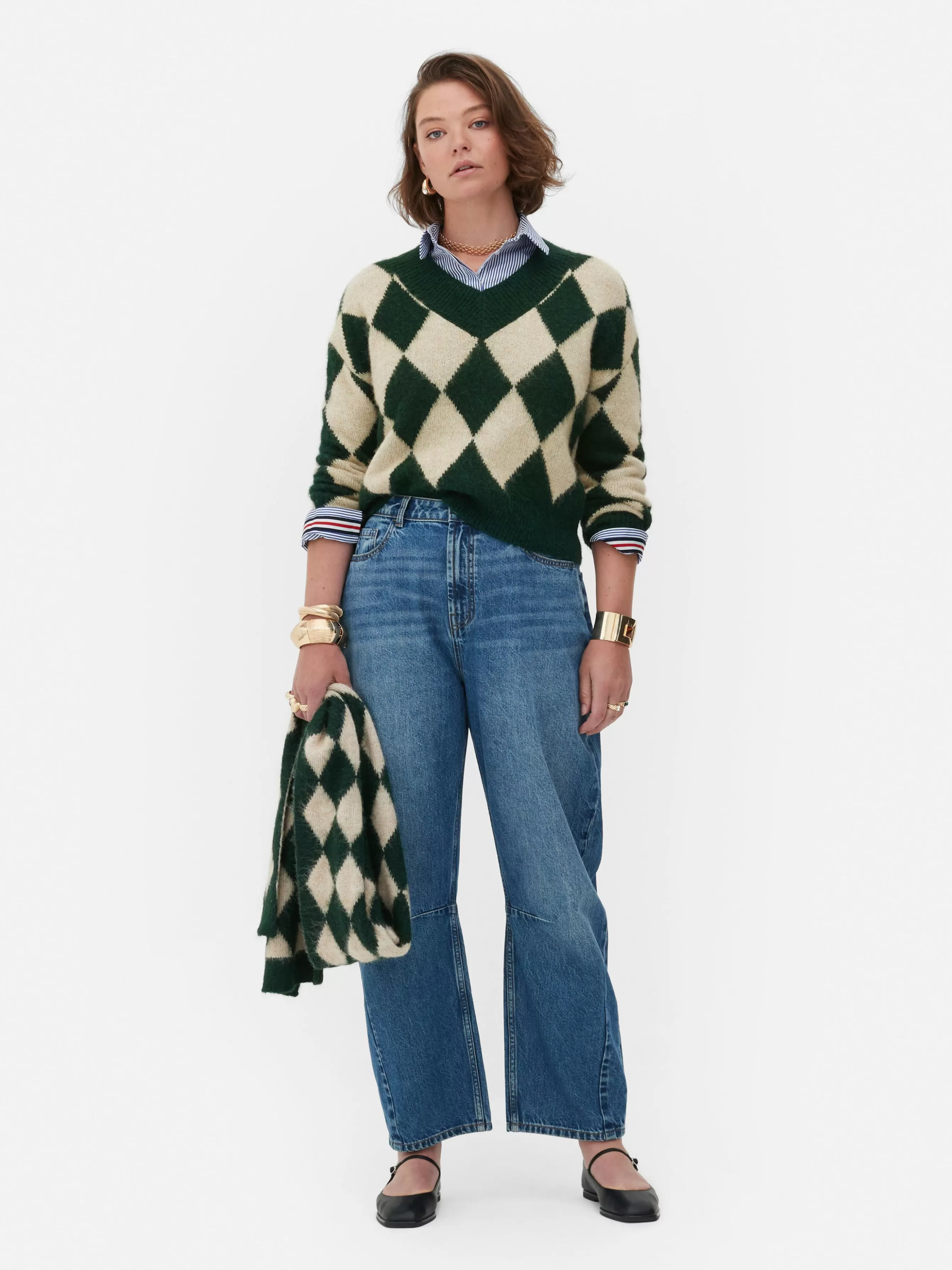 Discount Primark Pull En Maille à Col En V Et Motif Losanges Rita Ora Vert foncé