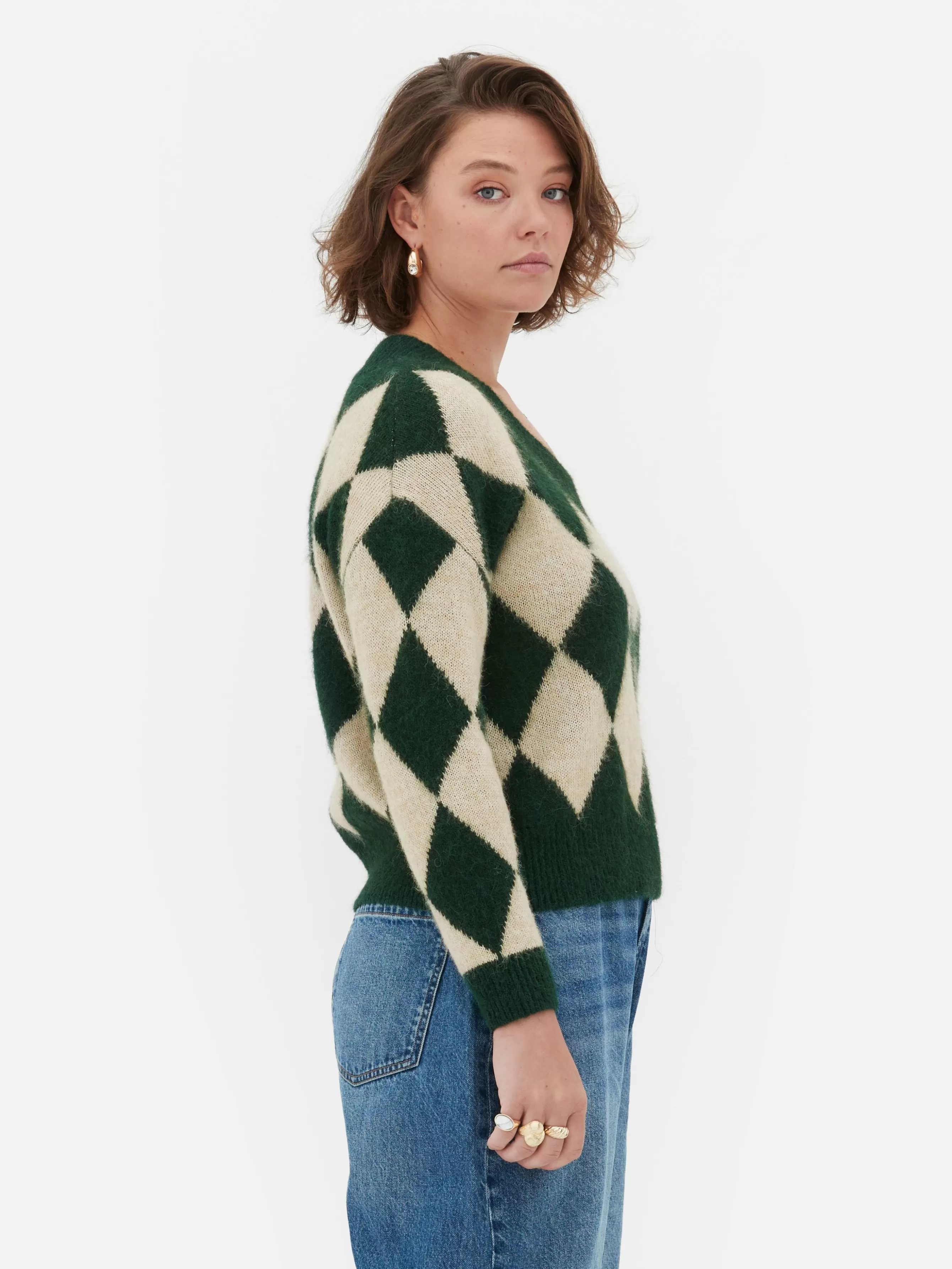 Discount Primark Pull En Maille à Col En V Et Motif Losanges Rita Ora Vert foncé