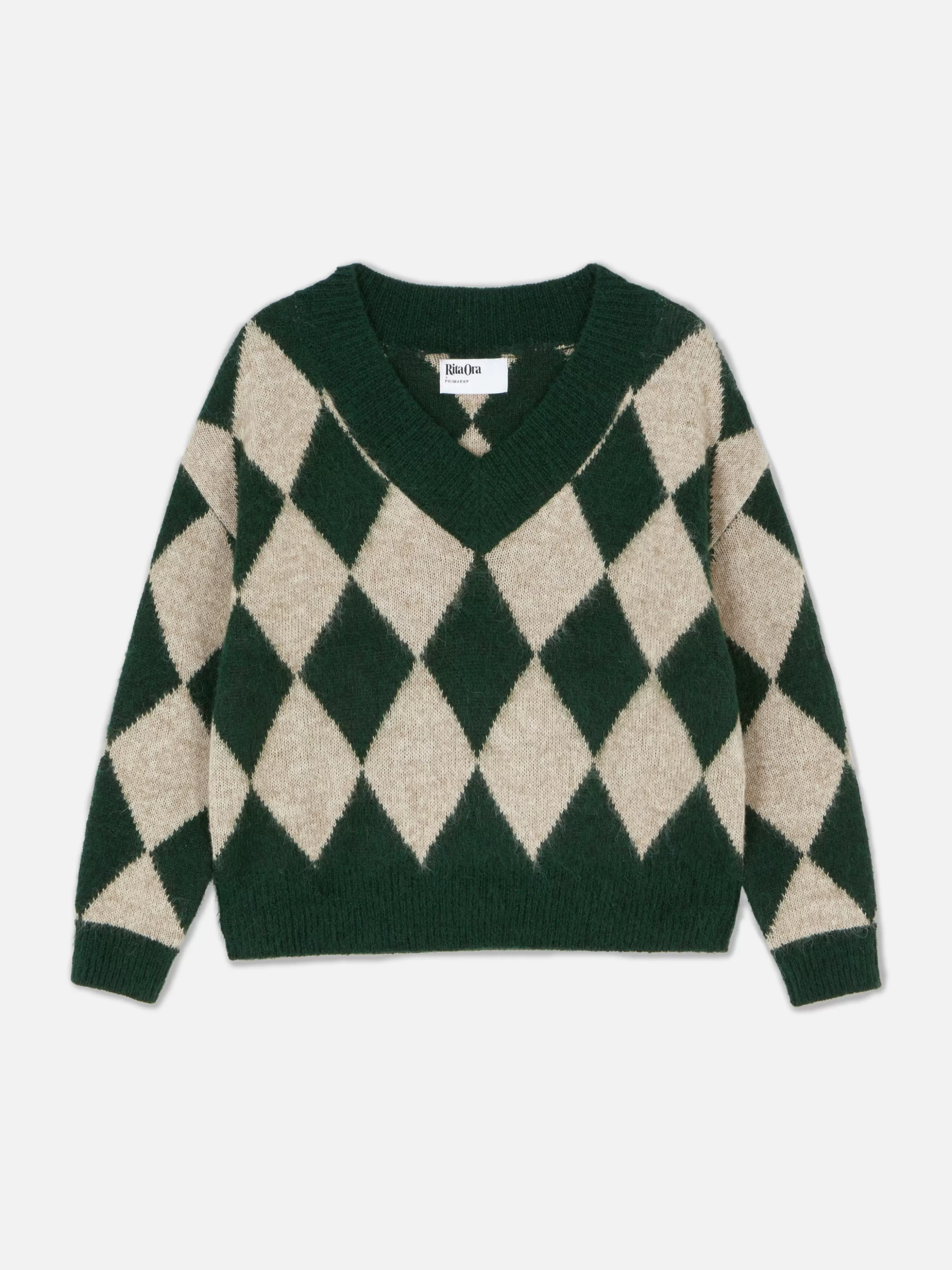Discount Primark Pull En Maille à Col En V Et Motif Losanges Rita Ora Vert foncé