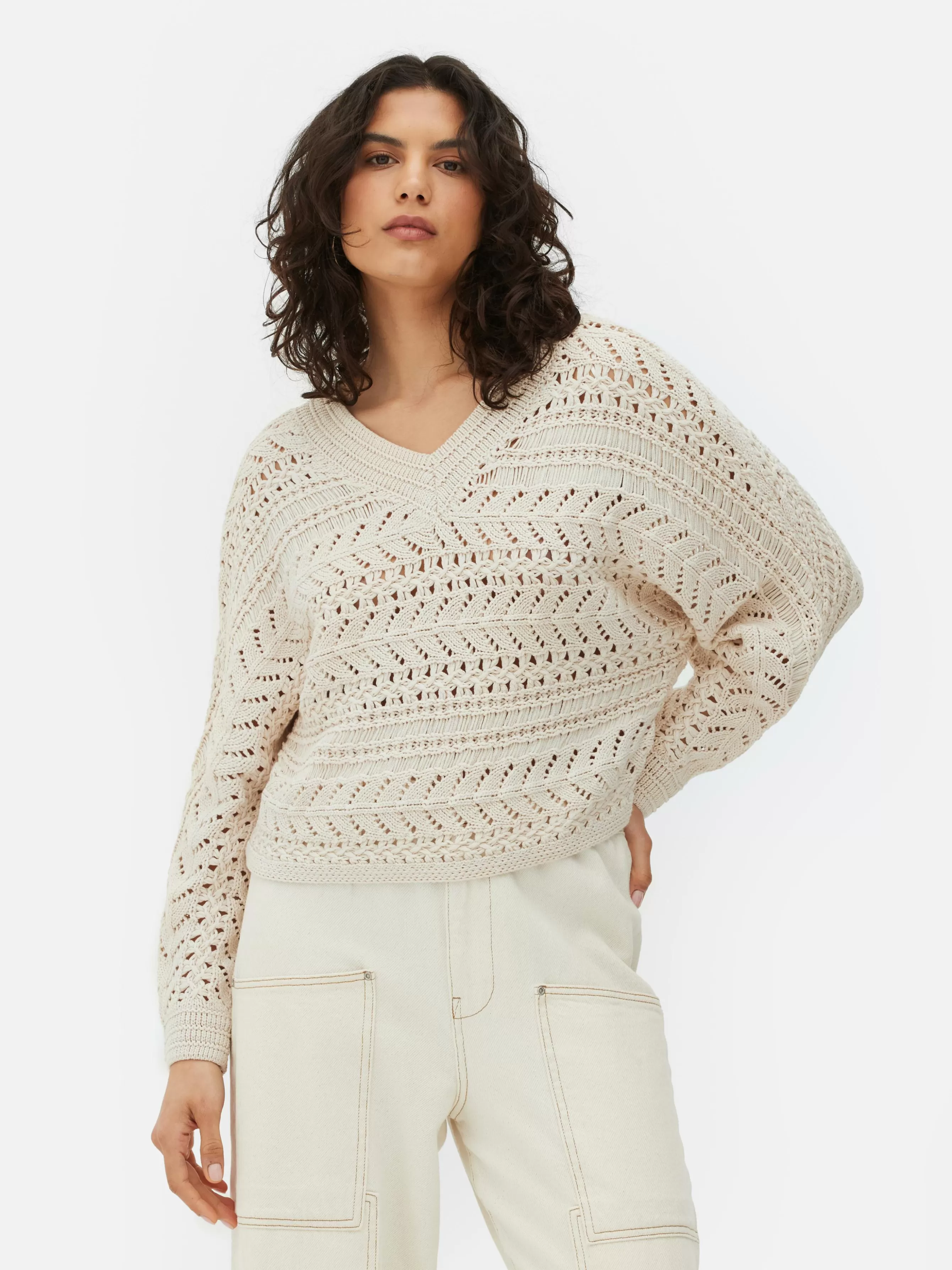 Cheap Primark Pull En Maille Pointelle à Col En V Beige