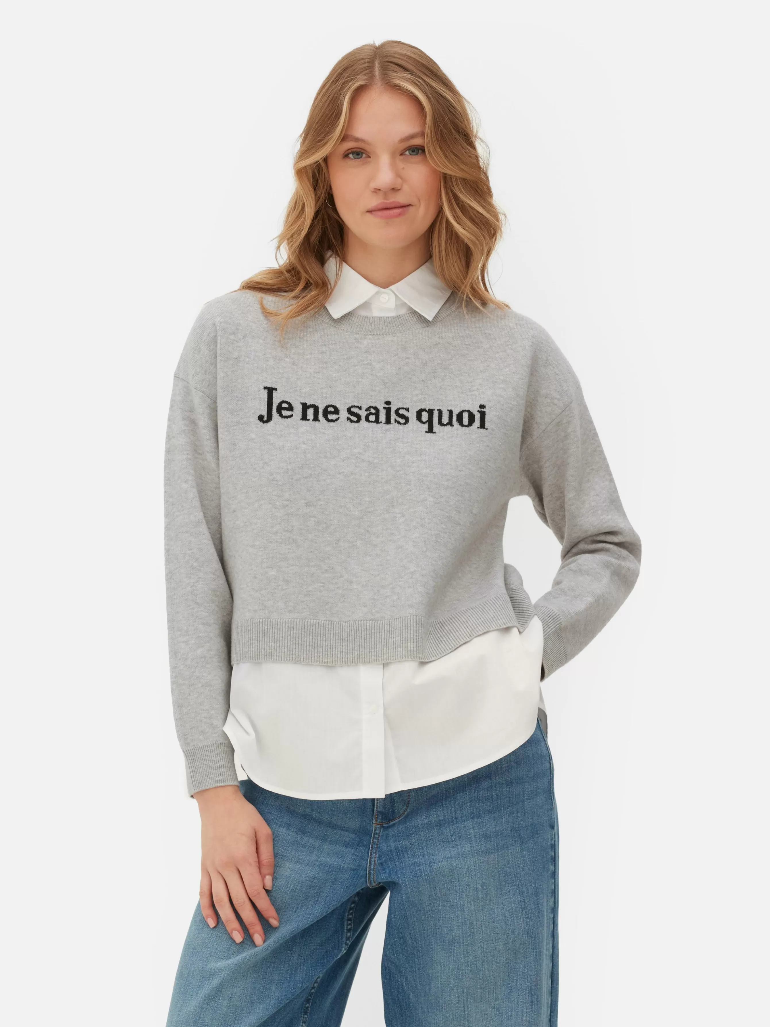 Hot Primark Pull Tricoté à Message Et Chemise Deux-en-un Gris