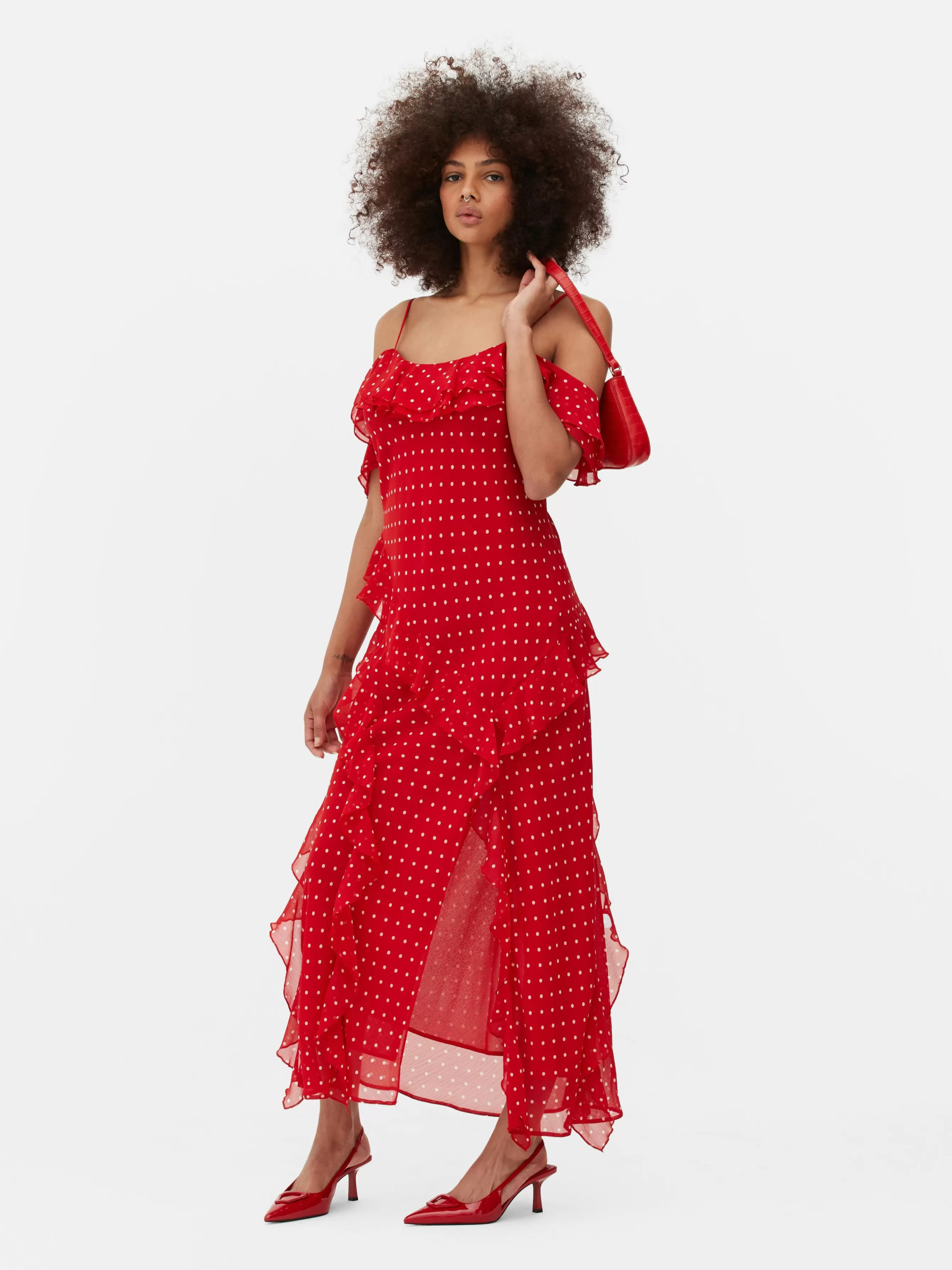 Outlet Primark Robe Mi-longue à Volants Et à Pois Rouge