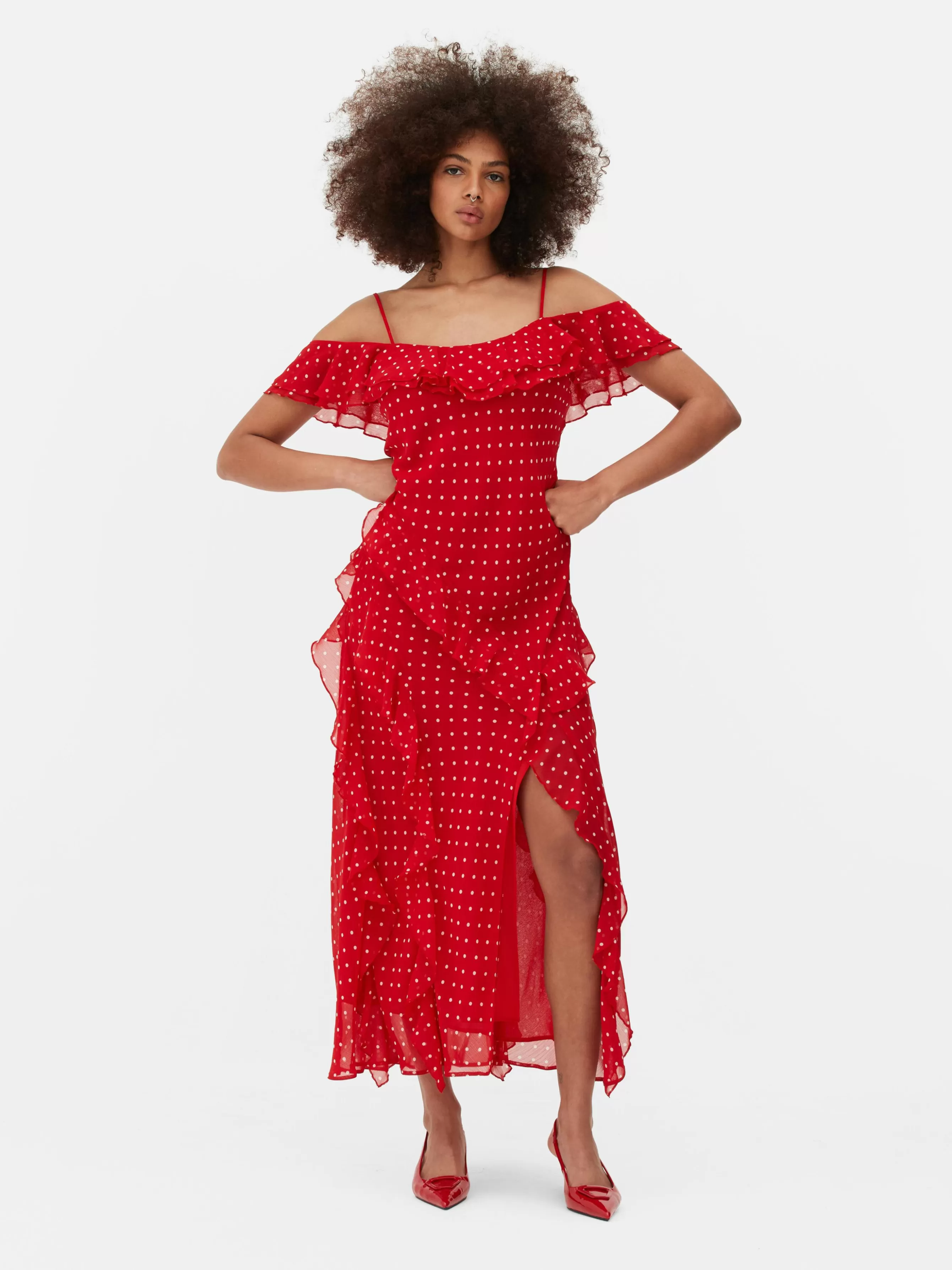 Outlet Primark Robe Mi-longue à Volants Et à Pois Rouge