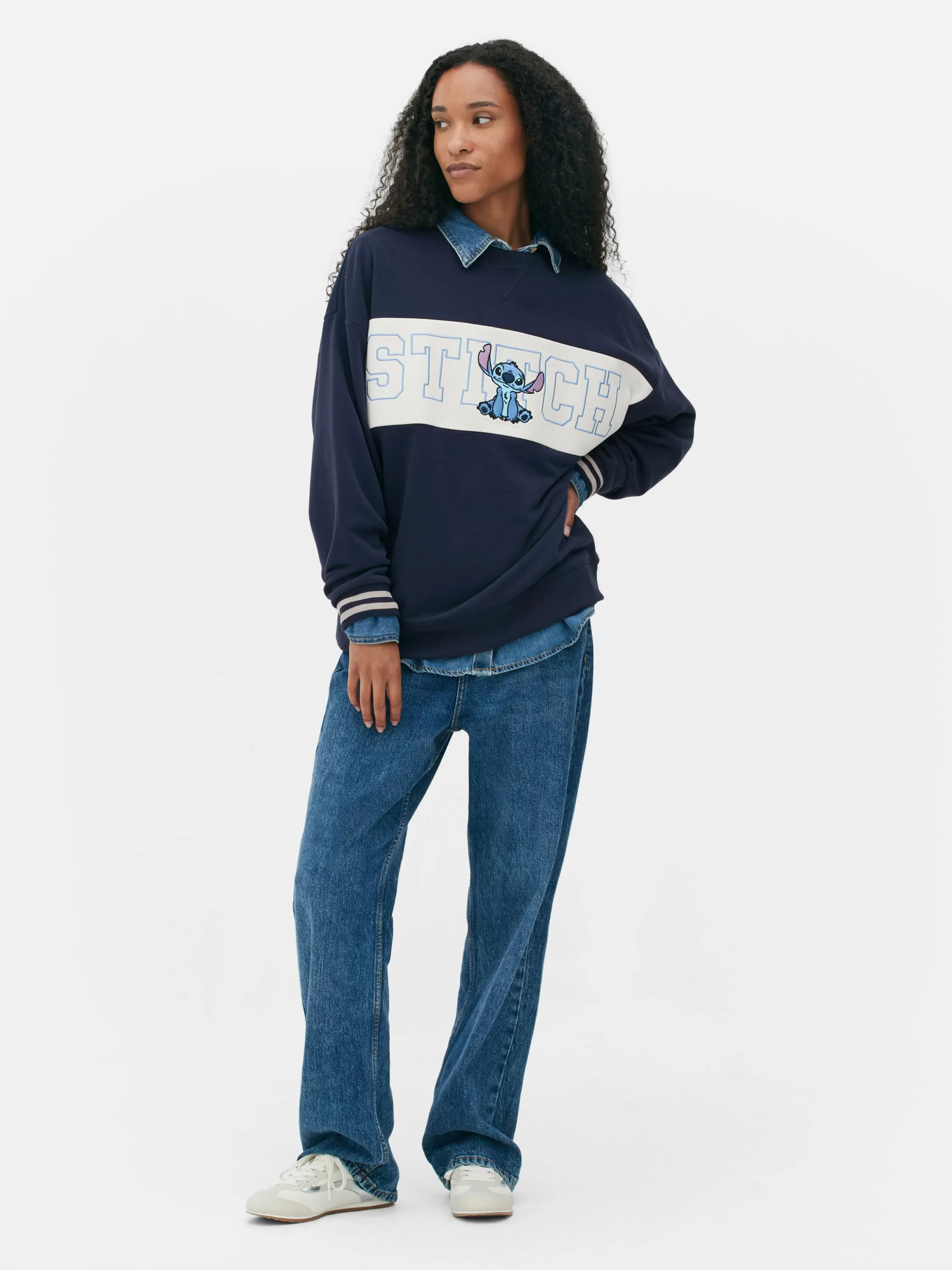 Fashion Primark Sweat-shirt à Texte Contrasté Disney Stitch Bleu marine