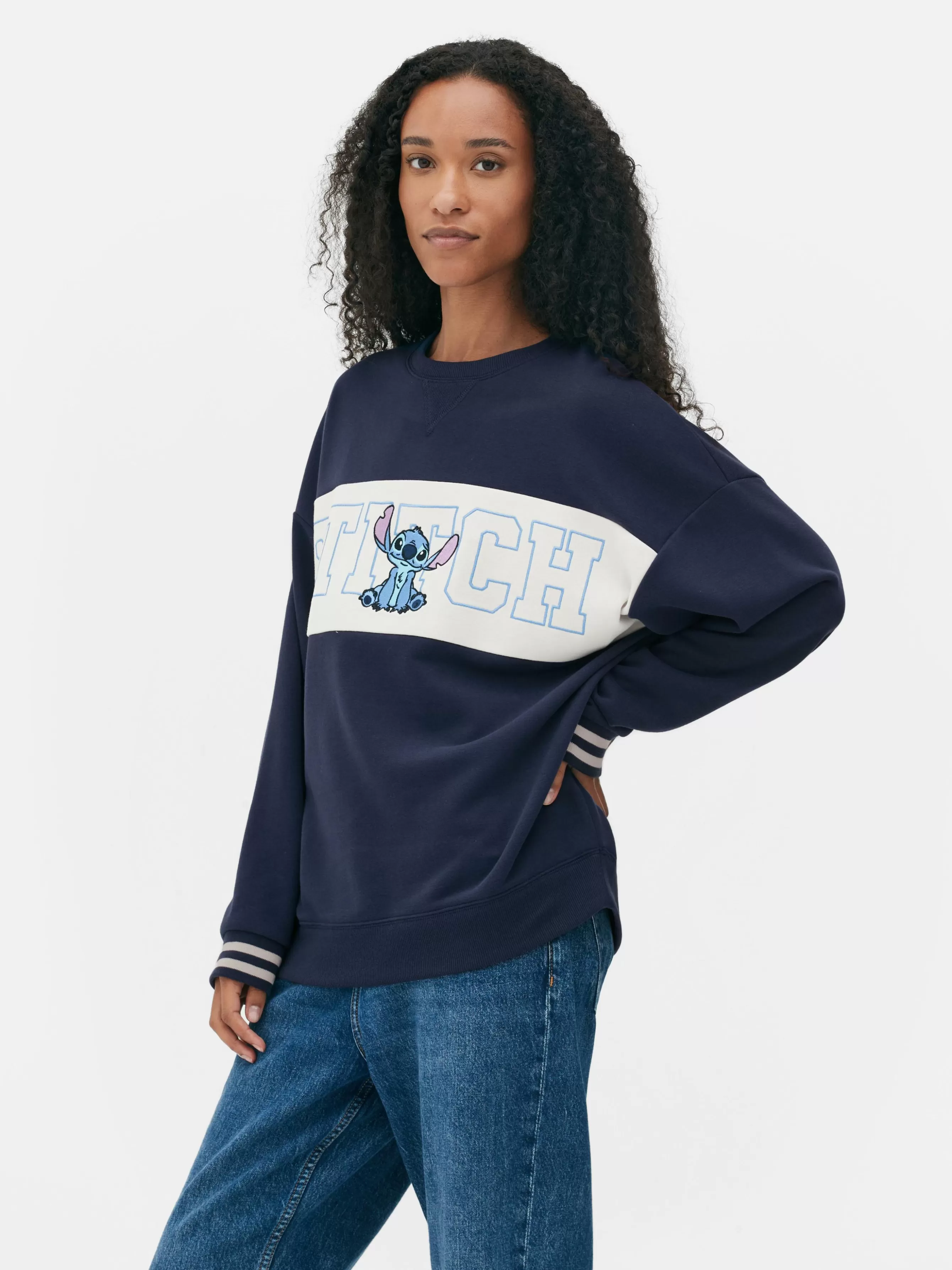 Fashion Primark Sweat-shirt à Texte Contrasté Disney Stitch Bleu marine