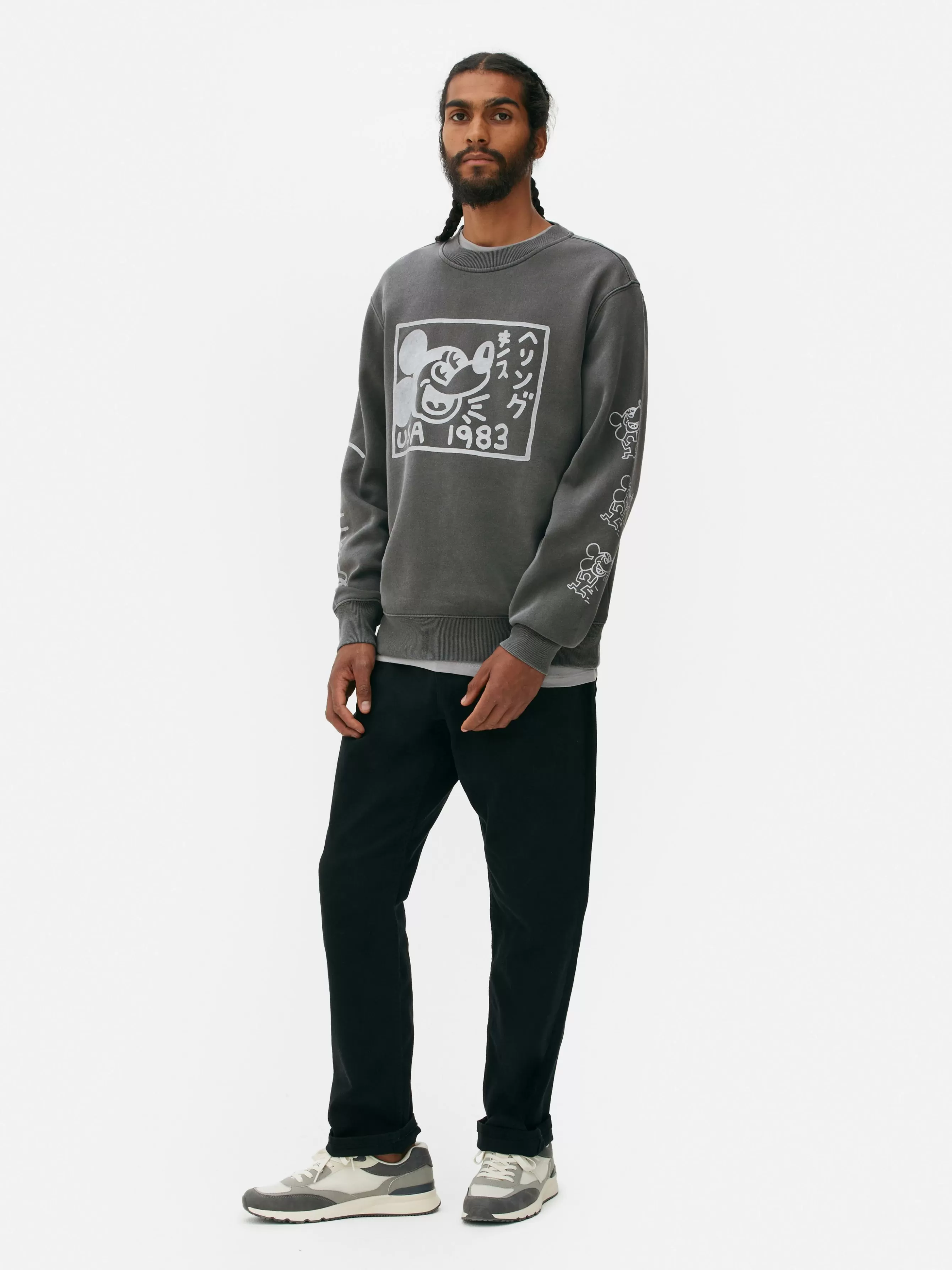 Sale Primark Sweat-shirt Délavé à L'acide Disney Mickey Mouse X Keith Haring Gris