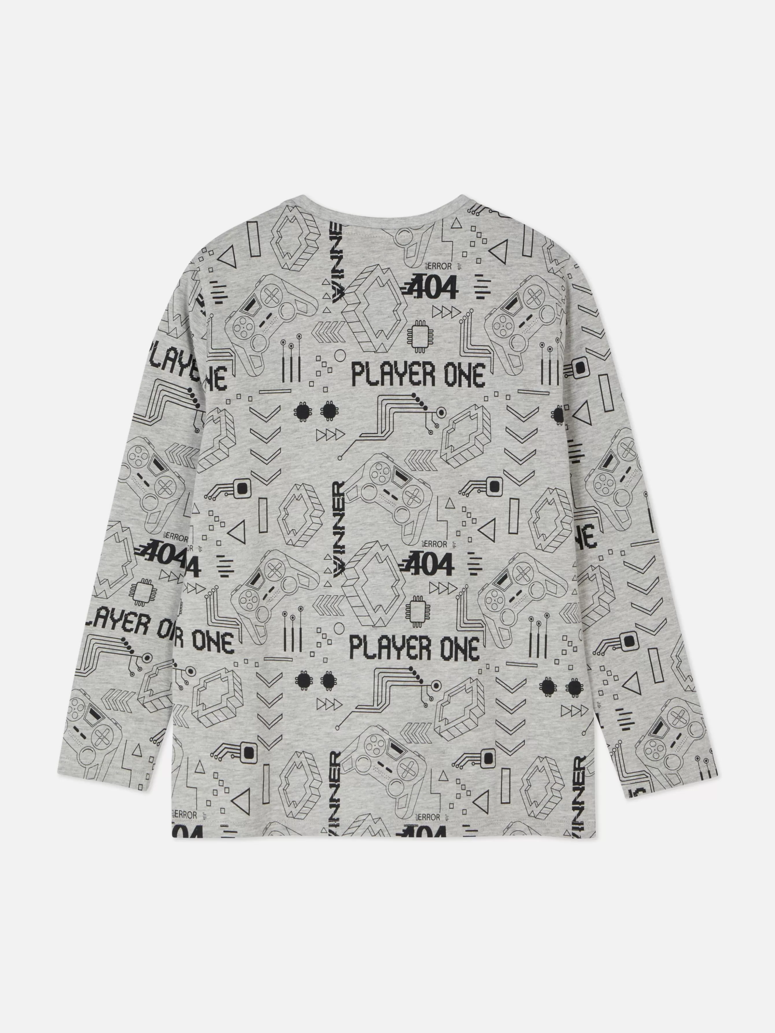 New Primark T-shirt à Manches Longues Et Motif Gaming Gris chiné