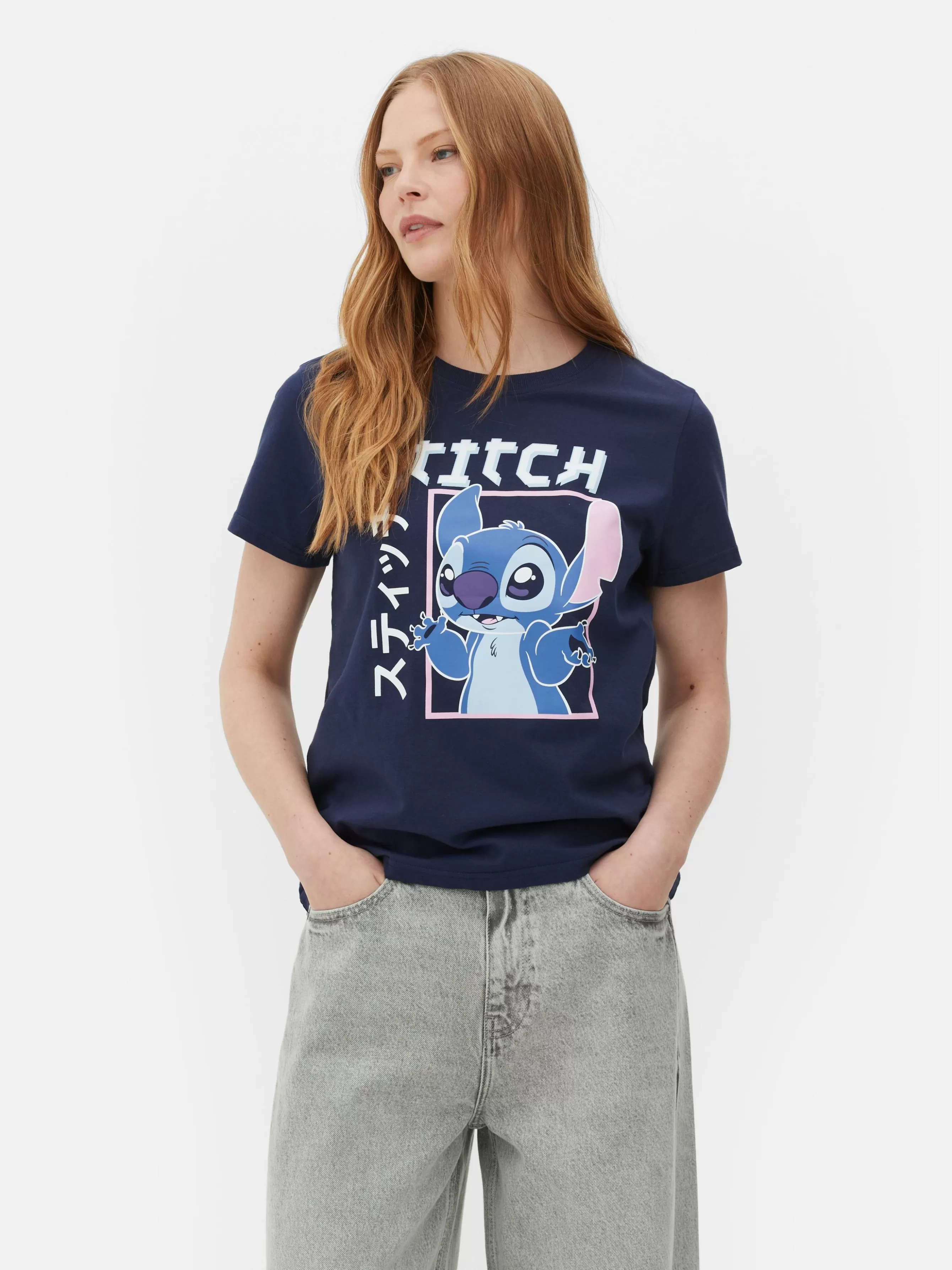 New Primark T-shirt à Motif Style Manga Disney Lilo & Stitch Bleu marine