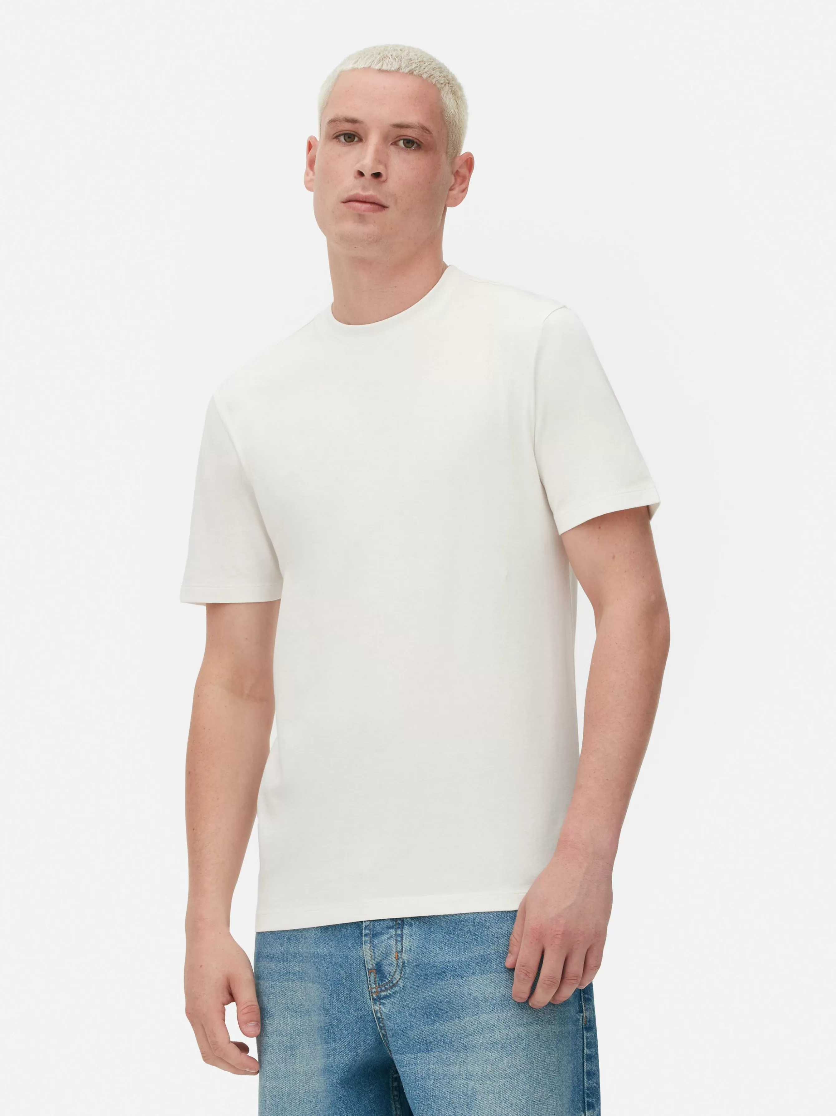 New Primark T-shirt Coupe Slim à Manches Courtes Écru