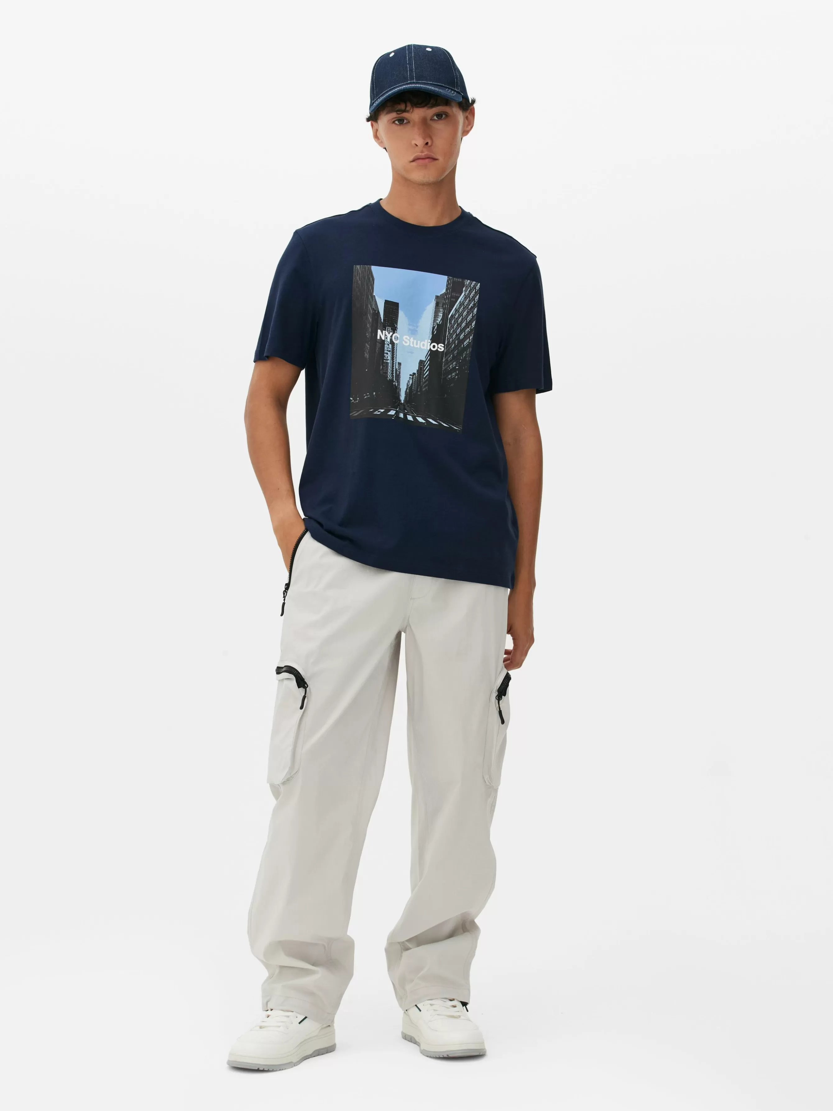 Fashion Primark T-shirt Graphique NYC Studios Bleu marine