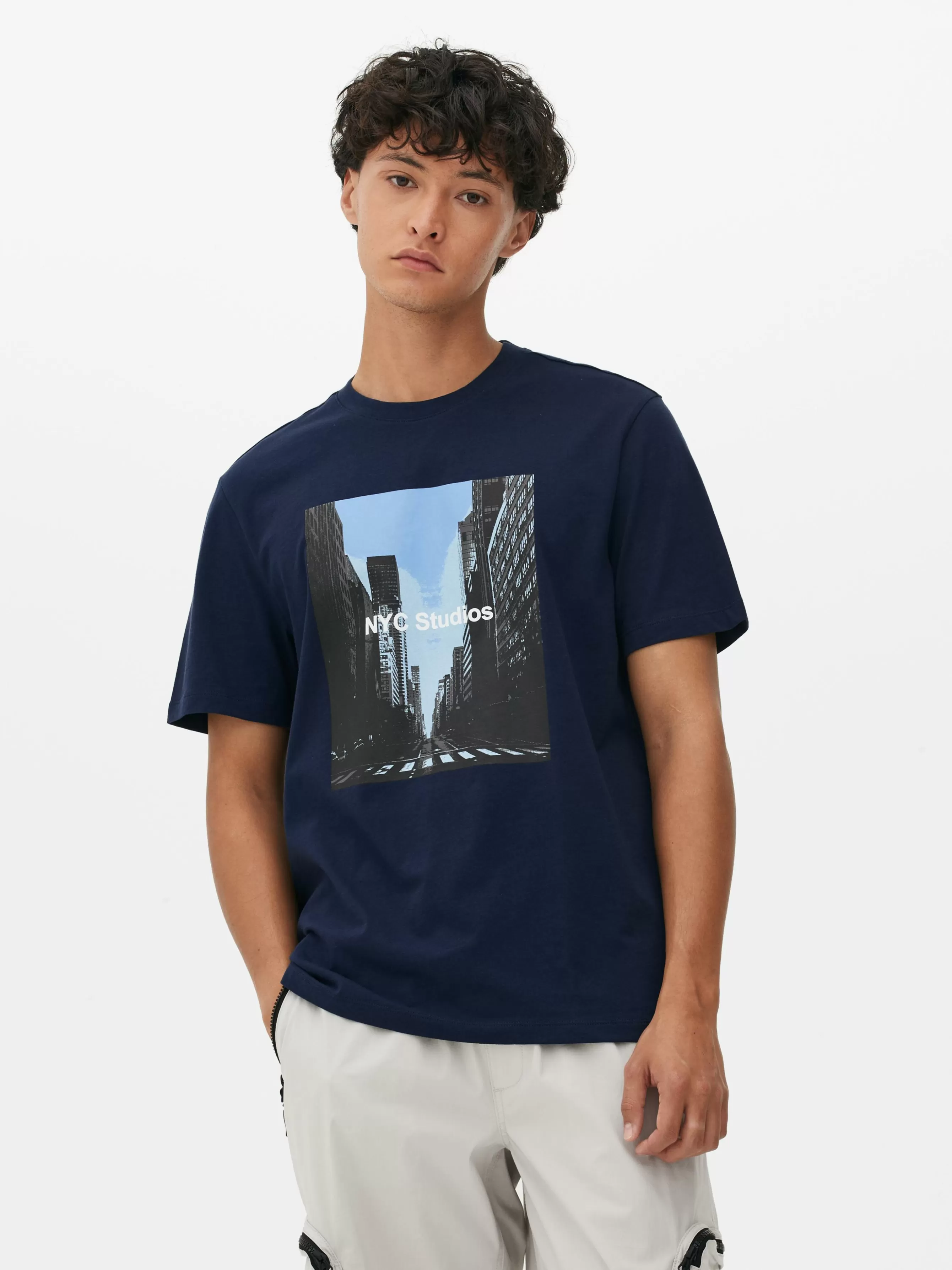 Fashion Primark T-shirt Graphique NYC Studios Bleu marine