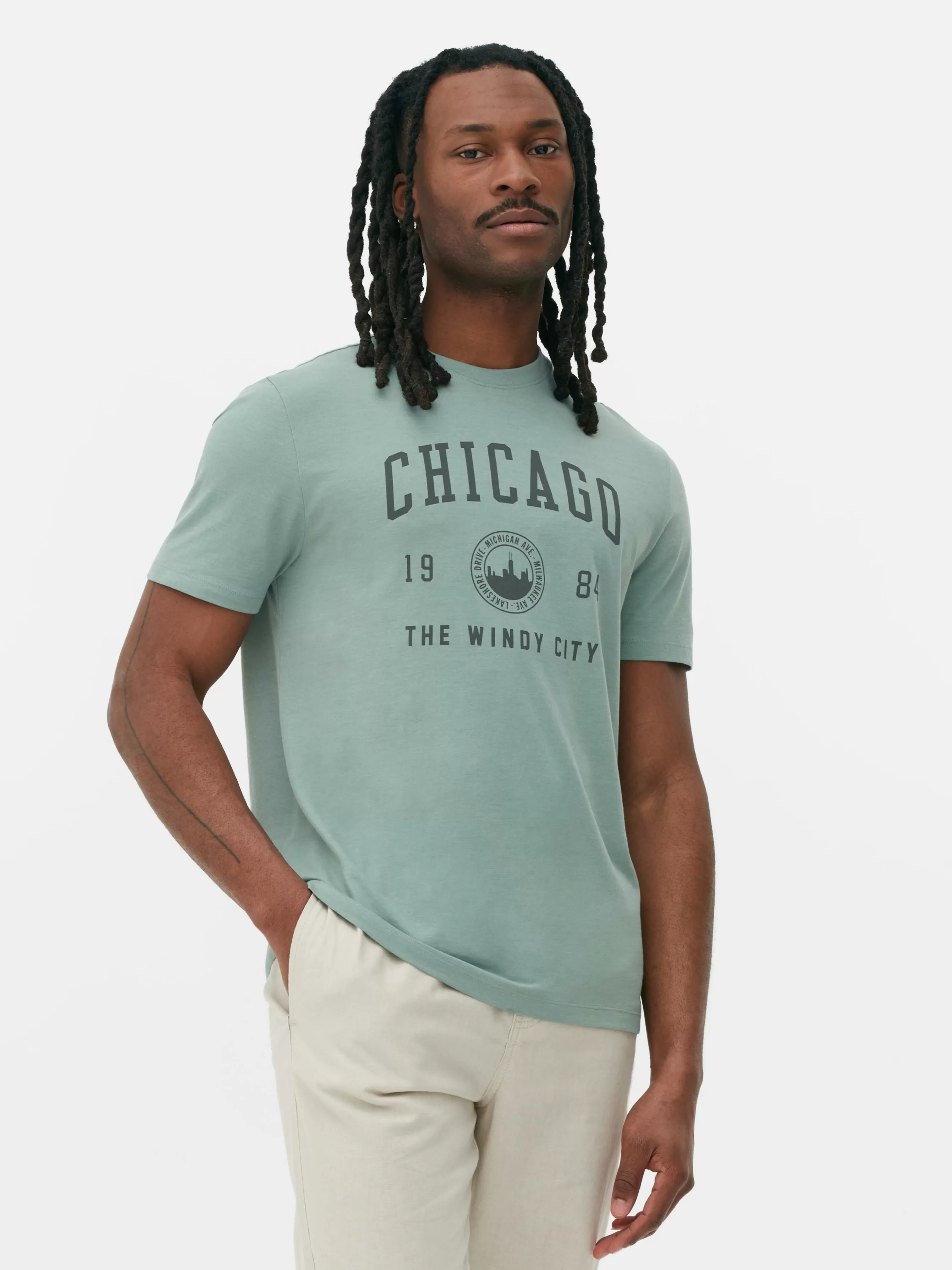 New Primark T-shirt Style Universitaire Chicago Vert