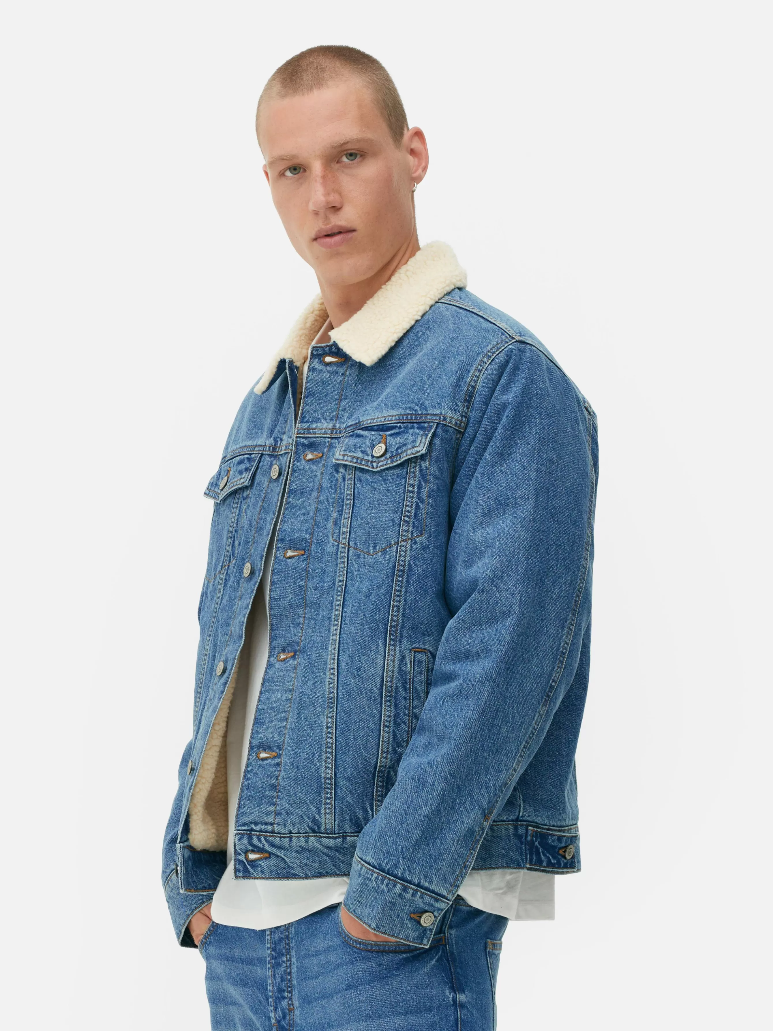 Store Primark Veste Trucker En Denim à Col Effet Mouton Retourné Bleu